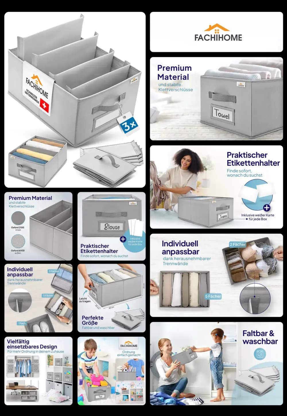 Set von drei grauen Stoff-Organizern für den Kleiderschrank, mit herausnehmbaren Trennwänden und Etikettenhaltern, ideal zur Aufbewahrung und Organisation von Kleidung, Handtüchern und Accessoires.