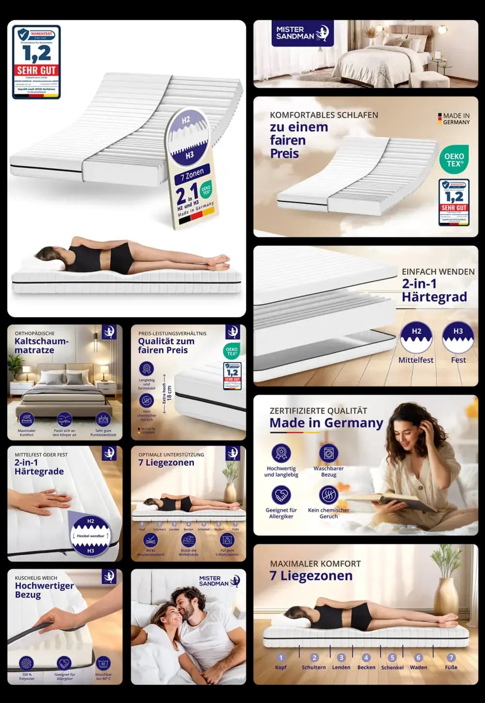 Bild einer Orthopädischen Matratze mit 7-Zonen-Liegezonen und waschbarem Bezug. Die Bilder zeigen verschiedene Details der Matratze, darunter ihre ergonomischen Eigenschaften und die Härtegrade H2 und H3. Ein Paar und eine Person, die auf der Matratze liegen, symbolisieren den Komfort und die Unterstützung.