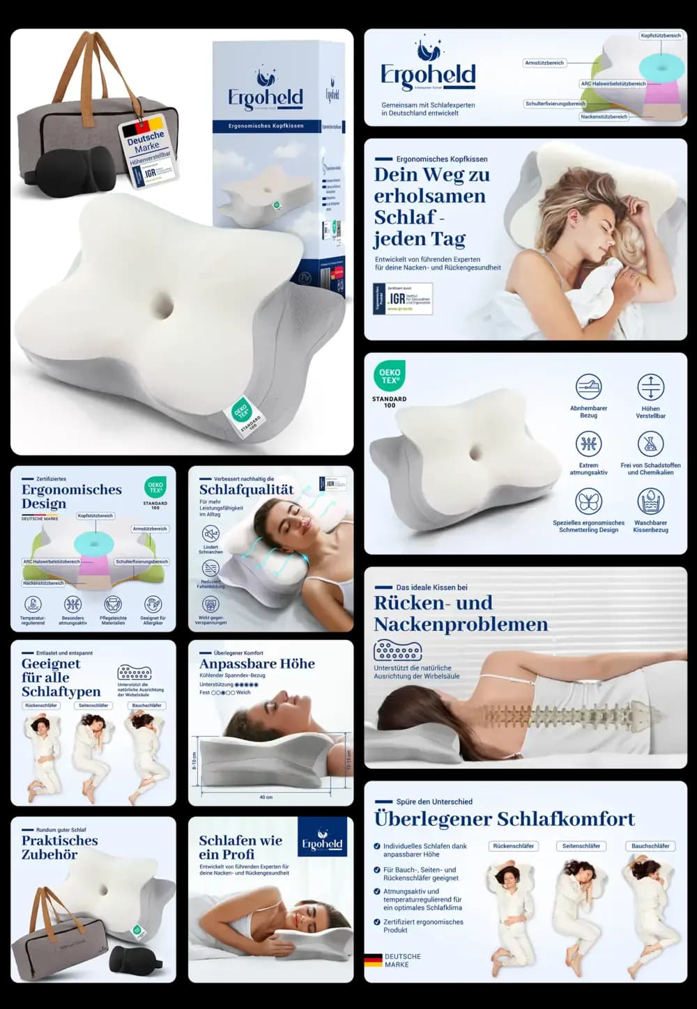 Ergoheld Orthopädisches Kissen aus Memory-Schaum für ergonomische Nacken- und Rückenunterstützung, fördert erholsamen Schlaf.