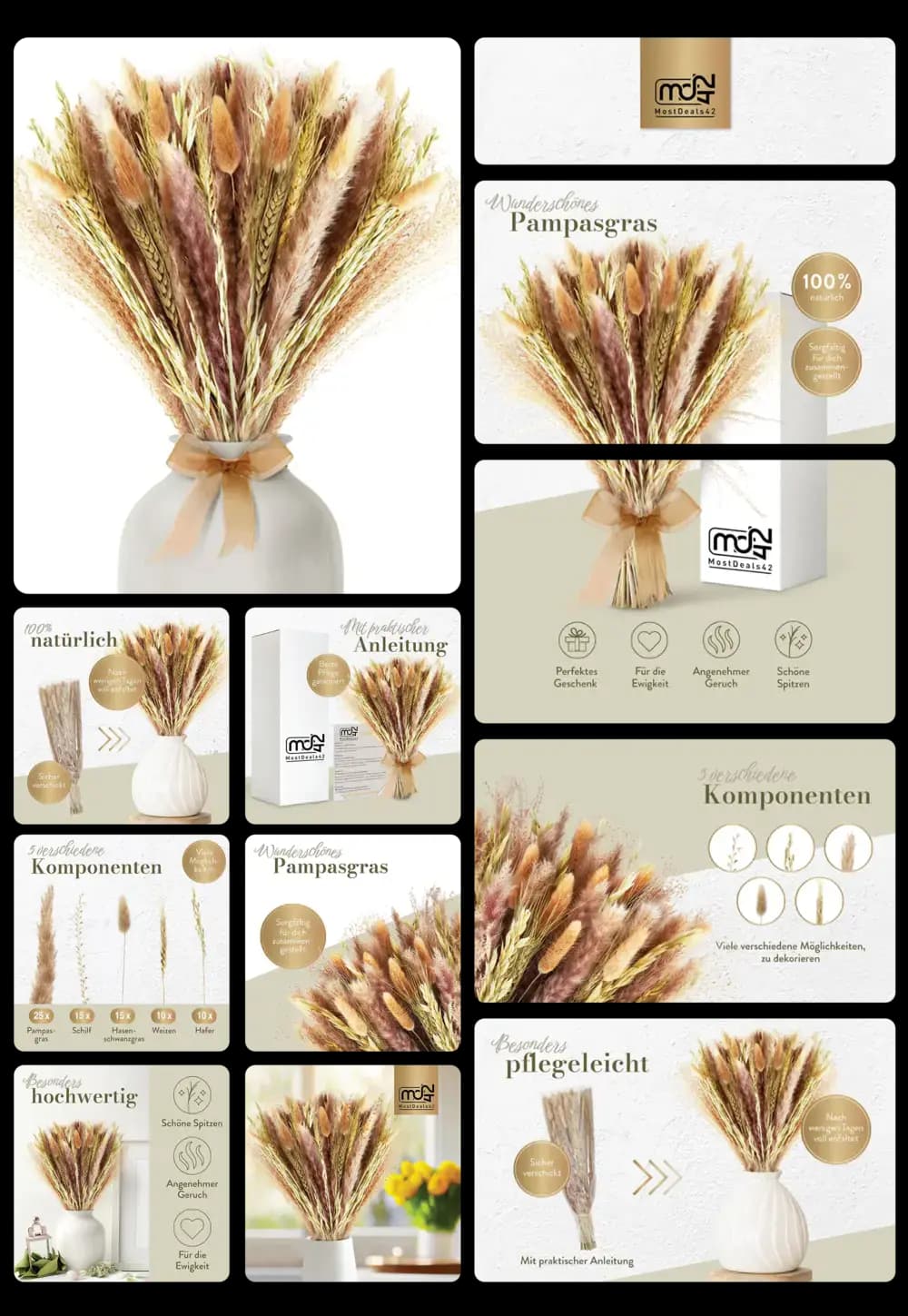 Großer, gemischter Strauß aus getrocknetem Pampasgras und anderen Trockenblumen, perfekt als natürliche Dekoration für den Innenbereich, in einer weißen Keramikvase arrangiert.