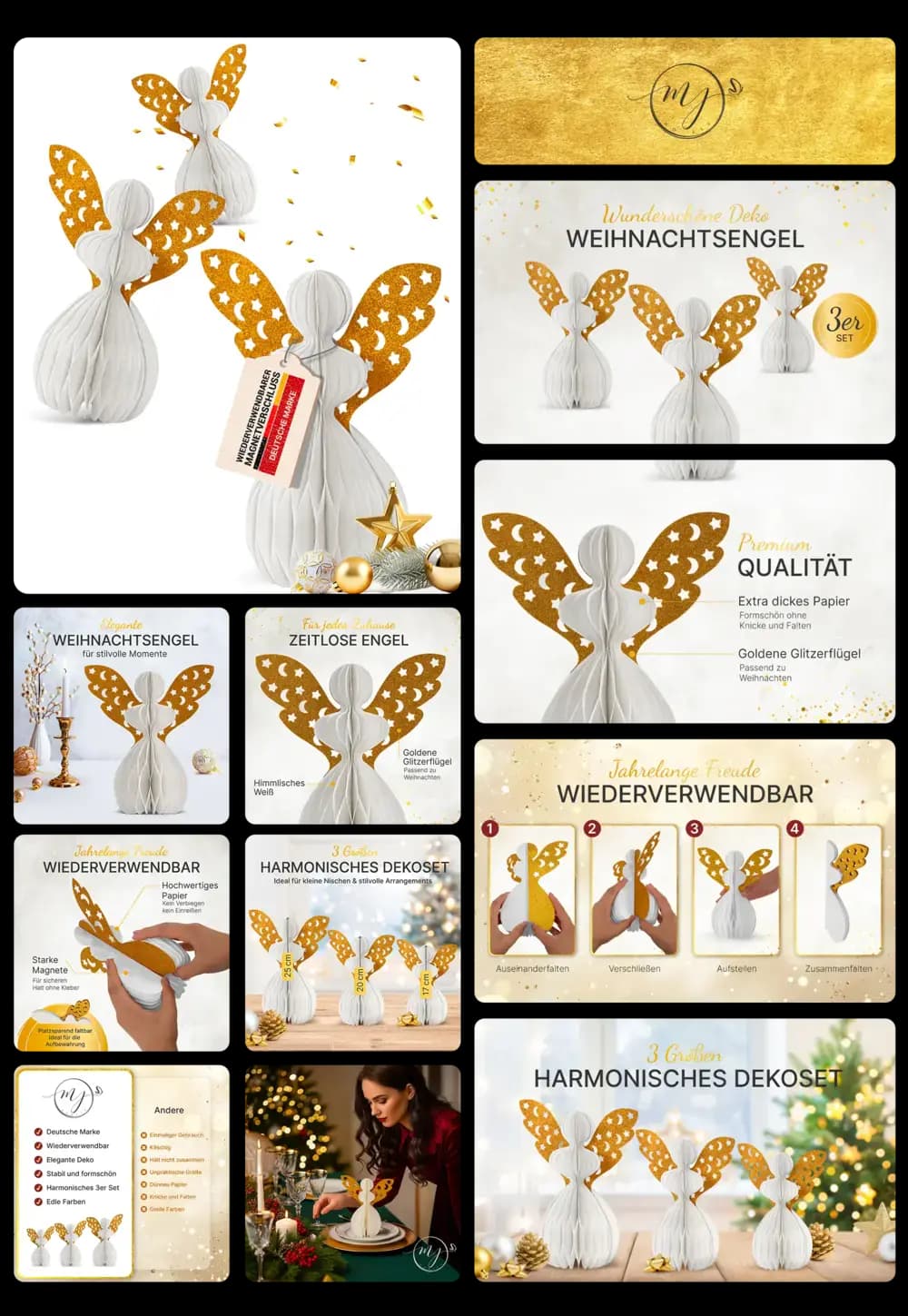 Drei weiße, faltbare Waben-Weihnachtsengel mit goldenen Glitzerflügeln, beworben als elegantes, wiederverwendbares 3er Set aus Premium-Papier für die weihnachtliche Dekoration