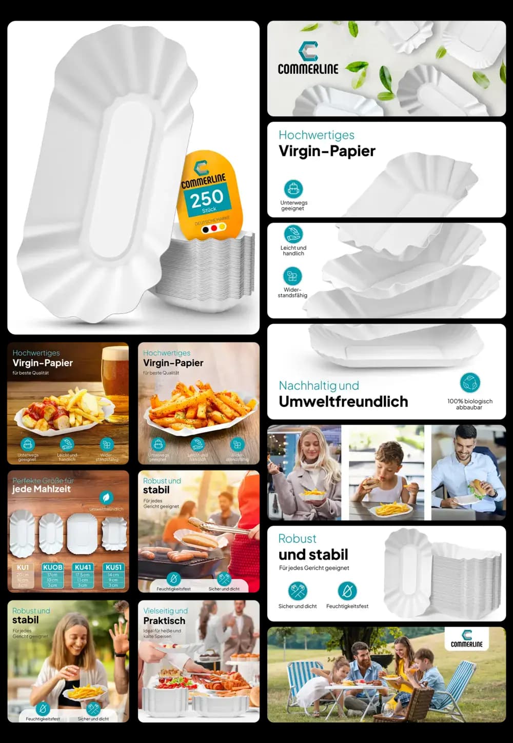 Commerline Pappteller in Ovalform aus hochwertigem Virgin-Papier, robust und umweltfreundlich, ideal für Partys und Picknicks.