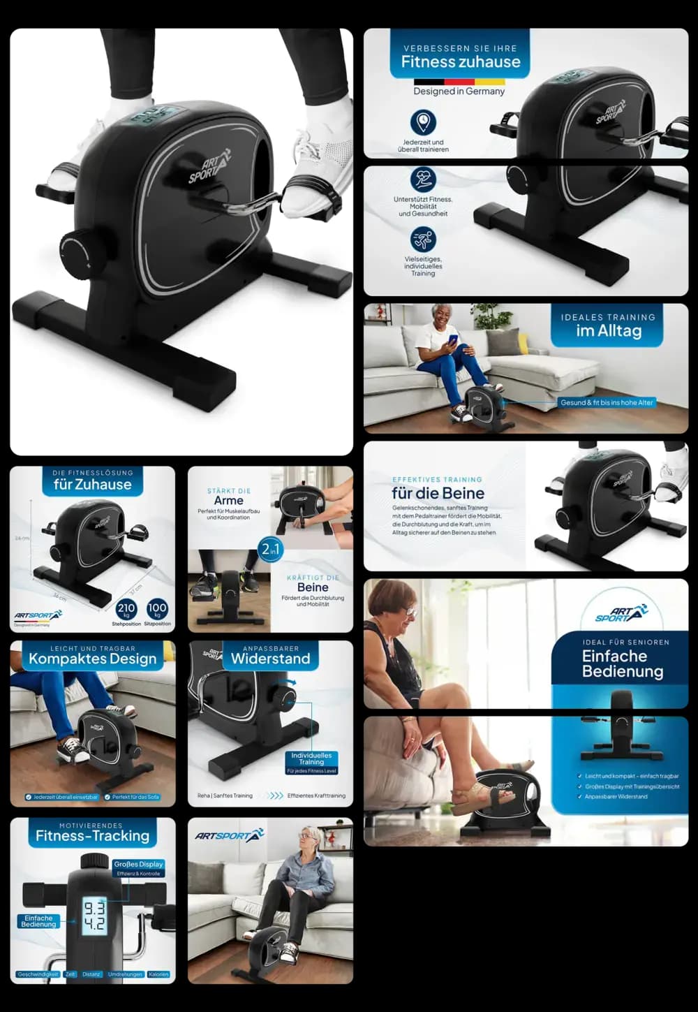 Bild eines schwarzen Pedaltrainers von ArtSport, der für Fitnessübungen zu Hause konzipiert ist. Die Abbildungen zeigen das Gerät in verschiedenen Anwendungsbereichen, sowohl für Beine als auch Arme, und heben seine kompakte Größe, das Fitness-Tracking-Display und die einfache Bedienung, besonders für Senioren, hervor.