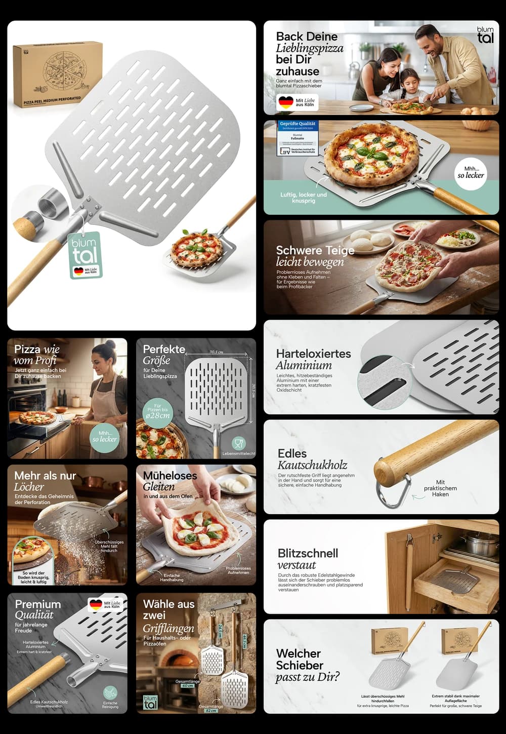 Blumtal Pizzaschieber perforiert aus Aluminium – Pizzaheber mit abnehmbarem Holzgriff aus Kautschukholz, ideal für Pizzaofen und Backofen, verhindert Ankleben für knusprige Pizza wie beim Profi.