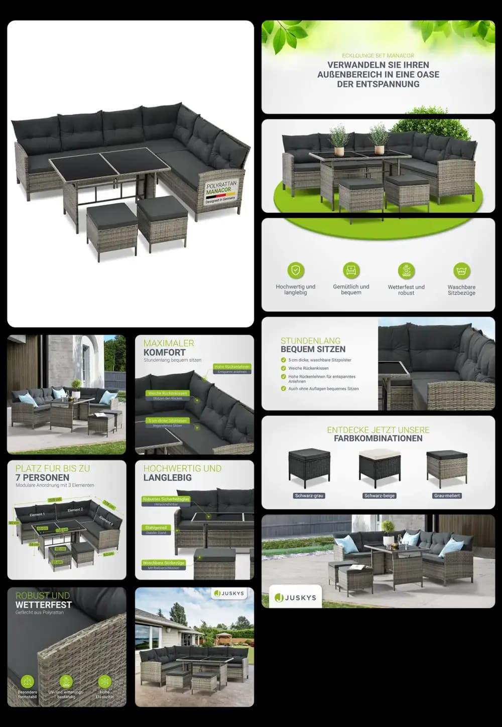 Bild eines modularen Polyrattan Gartenlounge-Sets in Anthrazitgrau, das aus einem Ecksofa, einem Tisch und Hockern besteht. Die Bilder zeigen, wie das Set einen Außenbereich in eine Entspannungsoase verwandeln kann, und heben seine Witterungsbeständigkeit, den hohen Sitzkomfort und die modulare Bauweise hervor, die Platz für bis zu 7 Personen bietet.