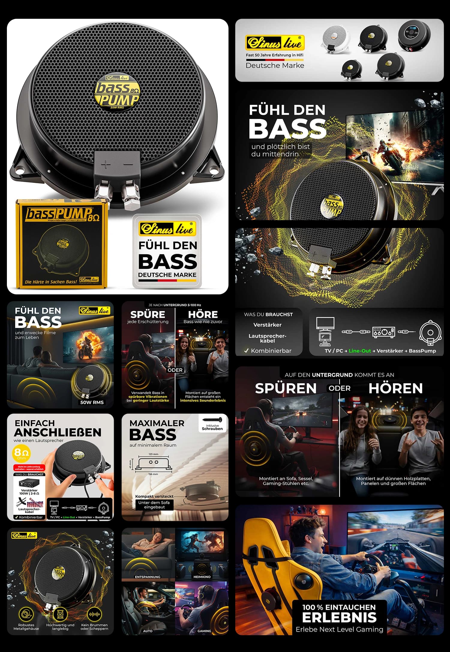 Sinuslive Bass Pump III 8 Ohm Körperschallwandler Bass Shaker für Heimkino und Gaming Stuhl