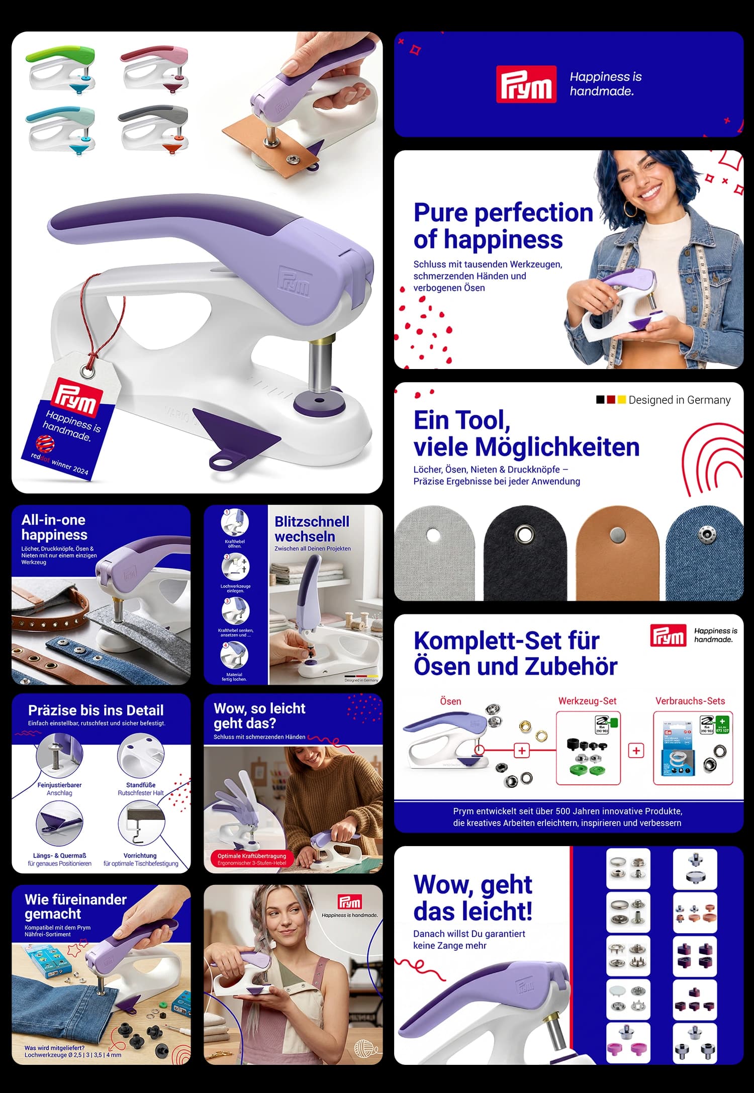 Prym Ösen- und Druckknopfpresse ergonomisches Nähwerkzeug zum präzisen Stanzen von Löchern, Ösen und Nieten für DIY-Projekte