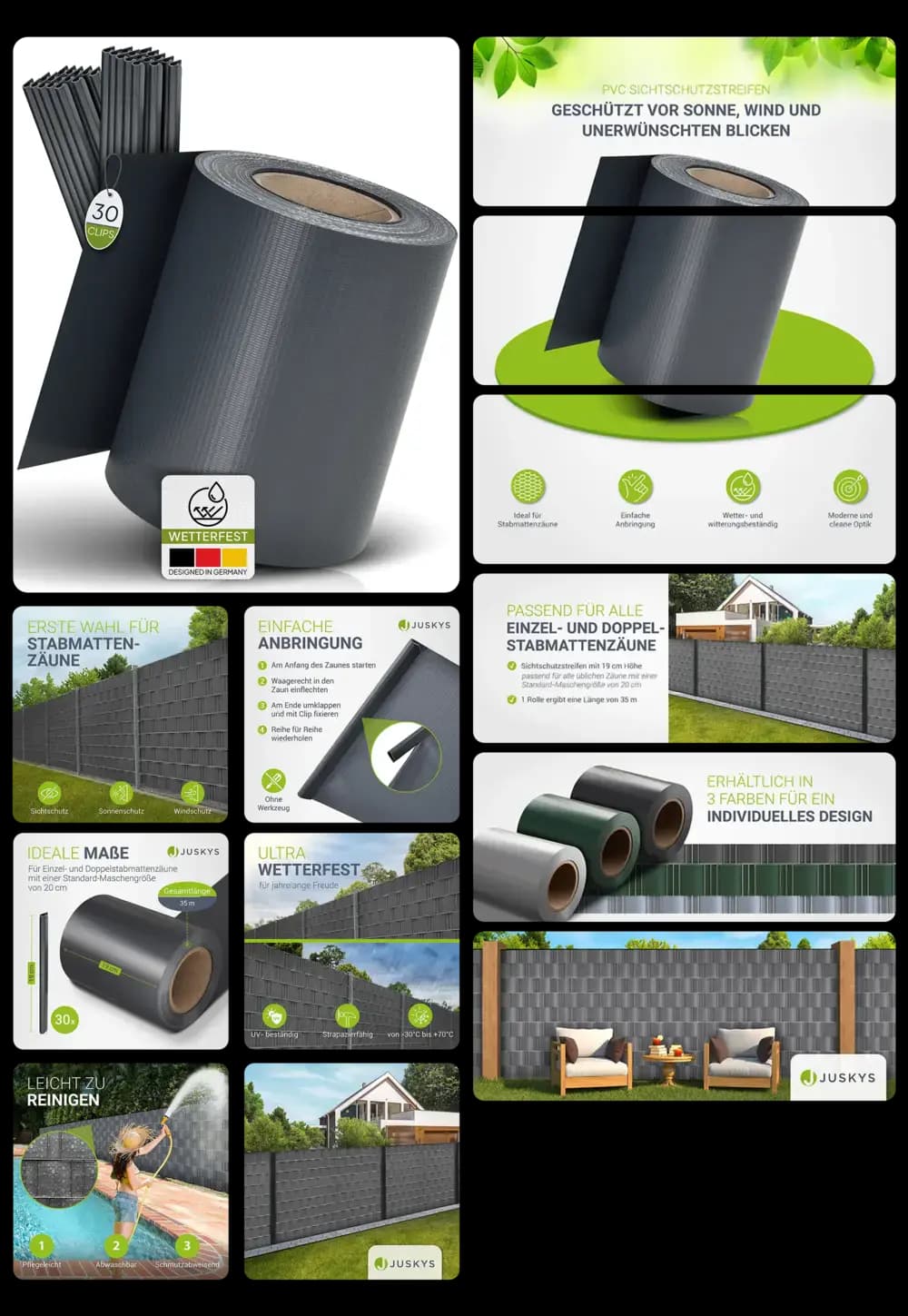 Rolle von PVC-Sichtschutzstreifen in Anthrazit für Doppelstabmattenzäune. Das Produkt schützt vor Wind und unerwünschten Blicken. Es ist wetterfest, UV-beständig und leicht zu reinigen. Die Bilder zeigen die einfache Anbringung an verschiedenen Zäunen in Gärten.