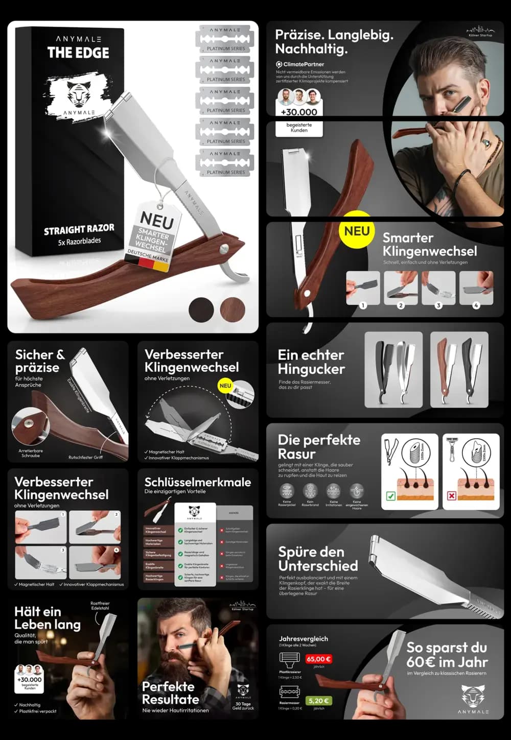 ANYMALS THE EDGE Straight Razor (Rasiermesser) mit Echtholzgriff und silbernem Klingenhalter, beworben als präziser, langlebiger und nachhaltiger Rasierer mit smartem Klingenwechsel für die perfekte Nassrasur