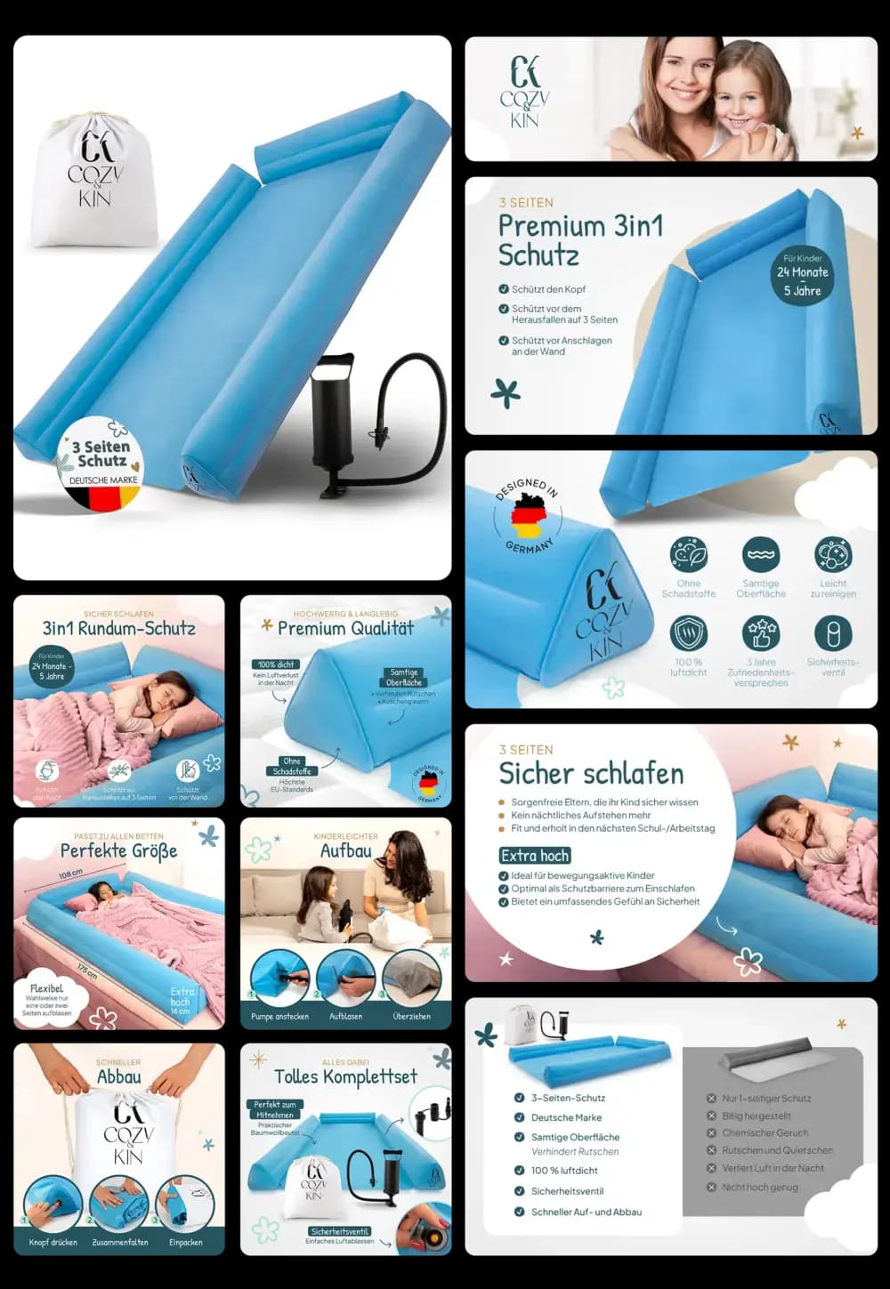Cozy Kin aufblasbarer Rausfallschutz für Kinderbetten, 3-seitiger Premium-Schutz, sicher, weich und tragbar für zu Hause oder Reisen.