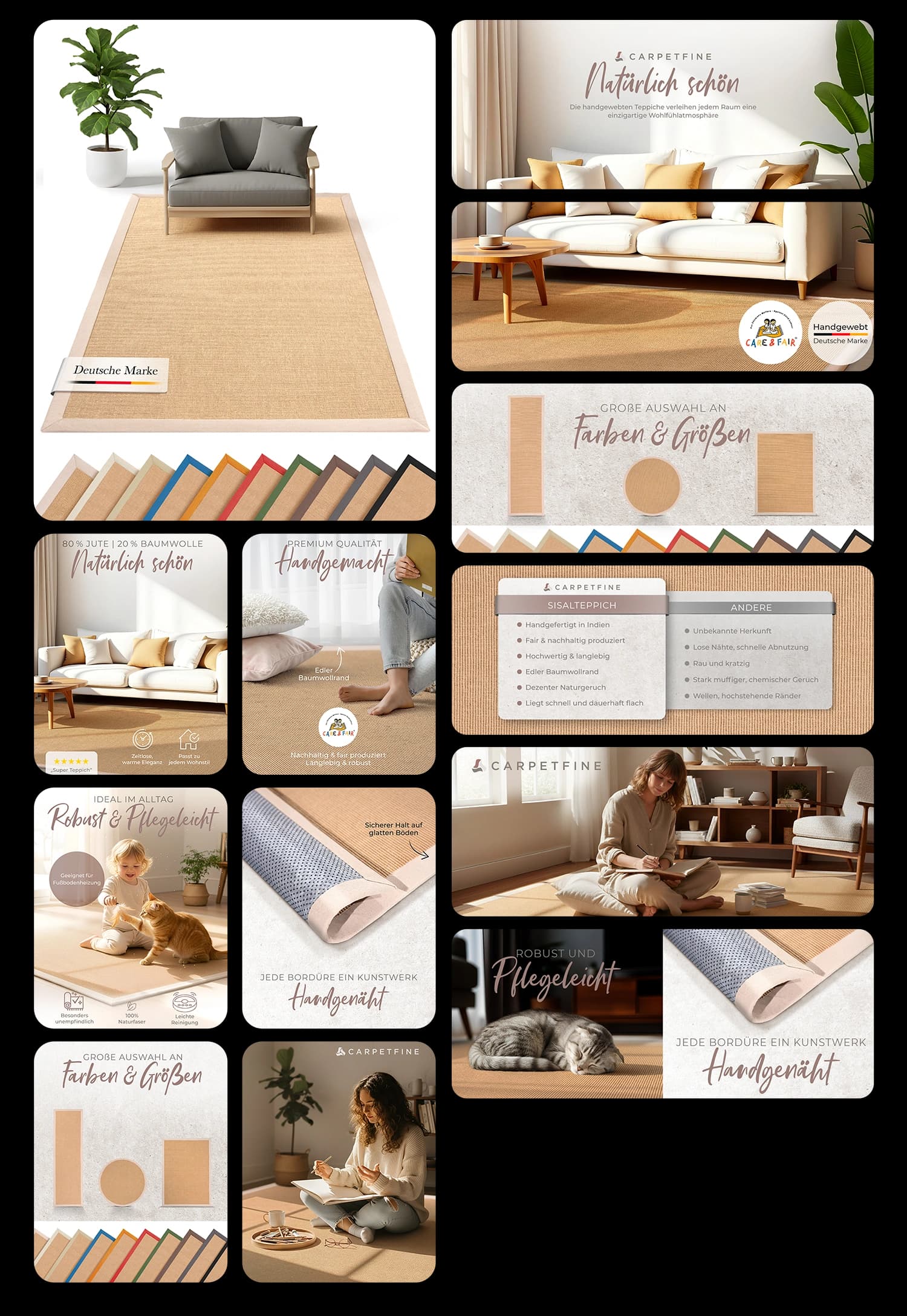 Carpetfine handgewebter Sisalteppich mit rutschfester Unterseite und Bordüre für Wohnzimmer und Schlafzimmer