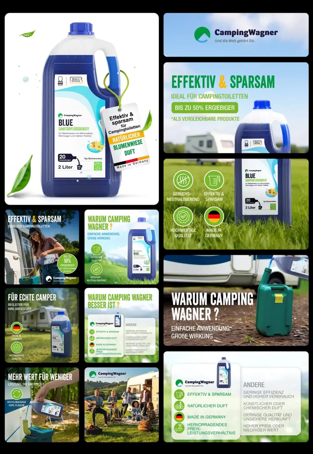 2-Liter-Flasche CampingWagner Sanitärflüssigkeit Blue mit natürlichem Blumenduft, beworben als effektive, sparsame und geruchsneutralisierende Toilettenflüssigkeit für Chemietoiletten und mobile Campingtoiletten