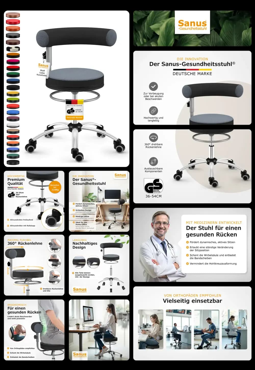 Bild eines Sanus Gesundheitsstuhls, der für ein dynamisches und gesundes Sitzen konzipiert ist. Die Abbildungen zeigen das ergonomische Design, die 360° drehbare Rückenlehne und verschiedene Anwendungsszenarien im Büro oder Home-Office. Es wird betont, dass der Stuhl von Orthopäden empfohlen und für einen gesunden Rücken entwickelt wurde. Die verfügbaren Farben für Sitz und Rückenlehne werden ebenfalls präsentiert.