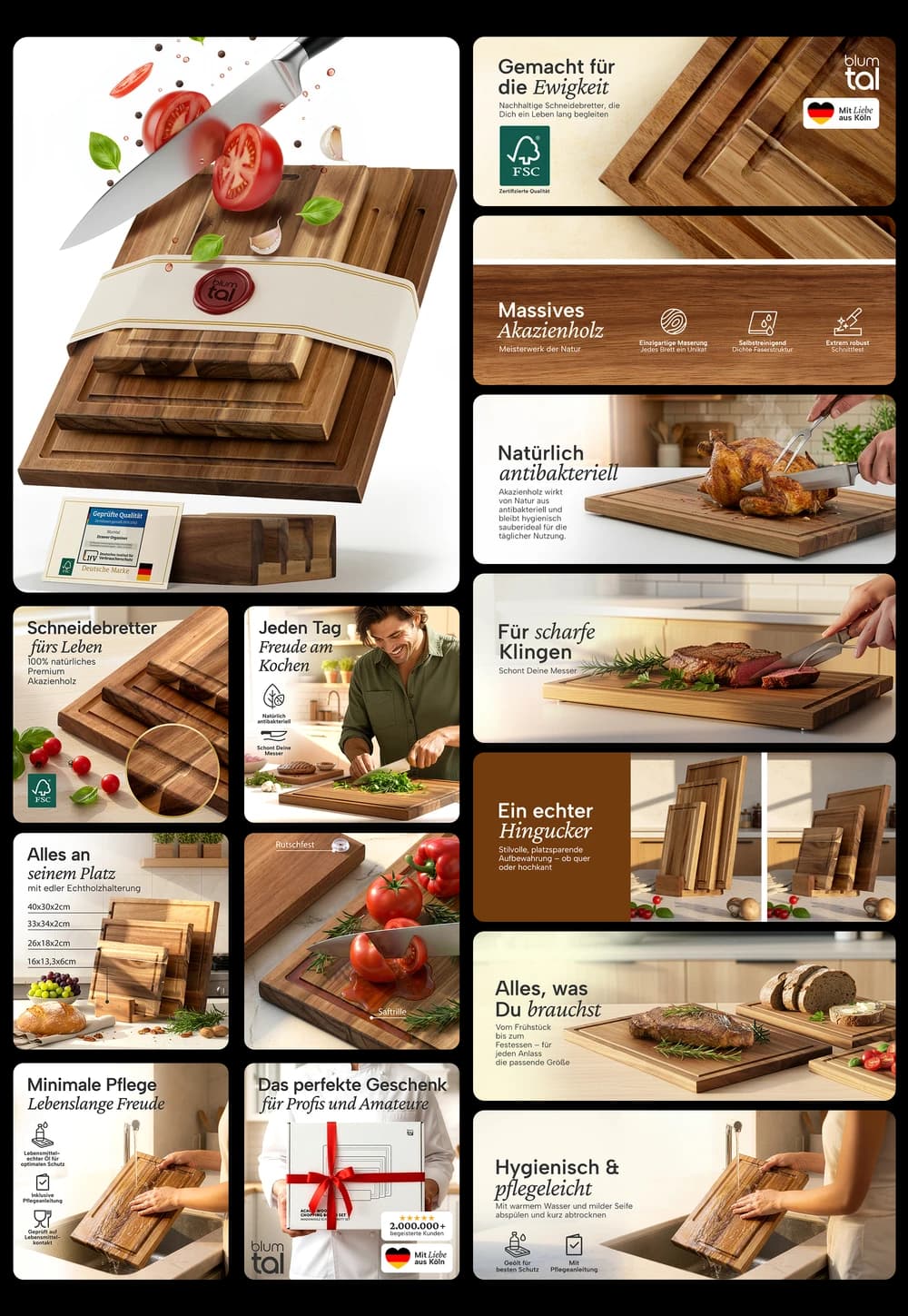 Blumtal Schneidebretter Set aus massivem Akazienholz – Antibakterielles Holzbrett mit Saftrille, klingenschonend und robust, ideal als Servierbrett, Hackblock oder Frühstücksbrettchen für die Küche.