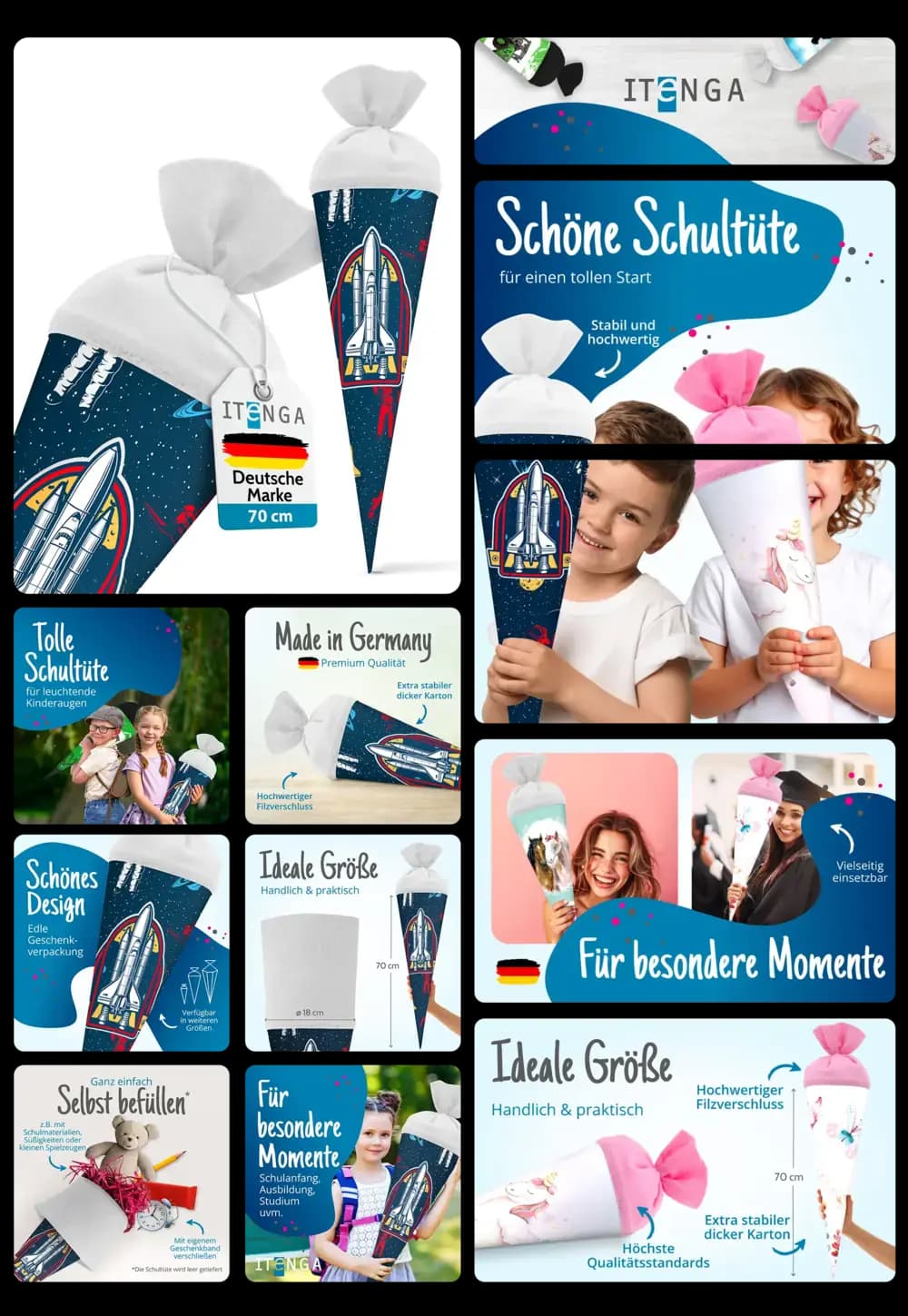 Schultüte in Weltraum-Design mit Raketen-Motiven, gezeigt in verschiedenen Größen und mit pinker Schleife auf einer weiteren Schultüte