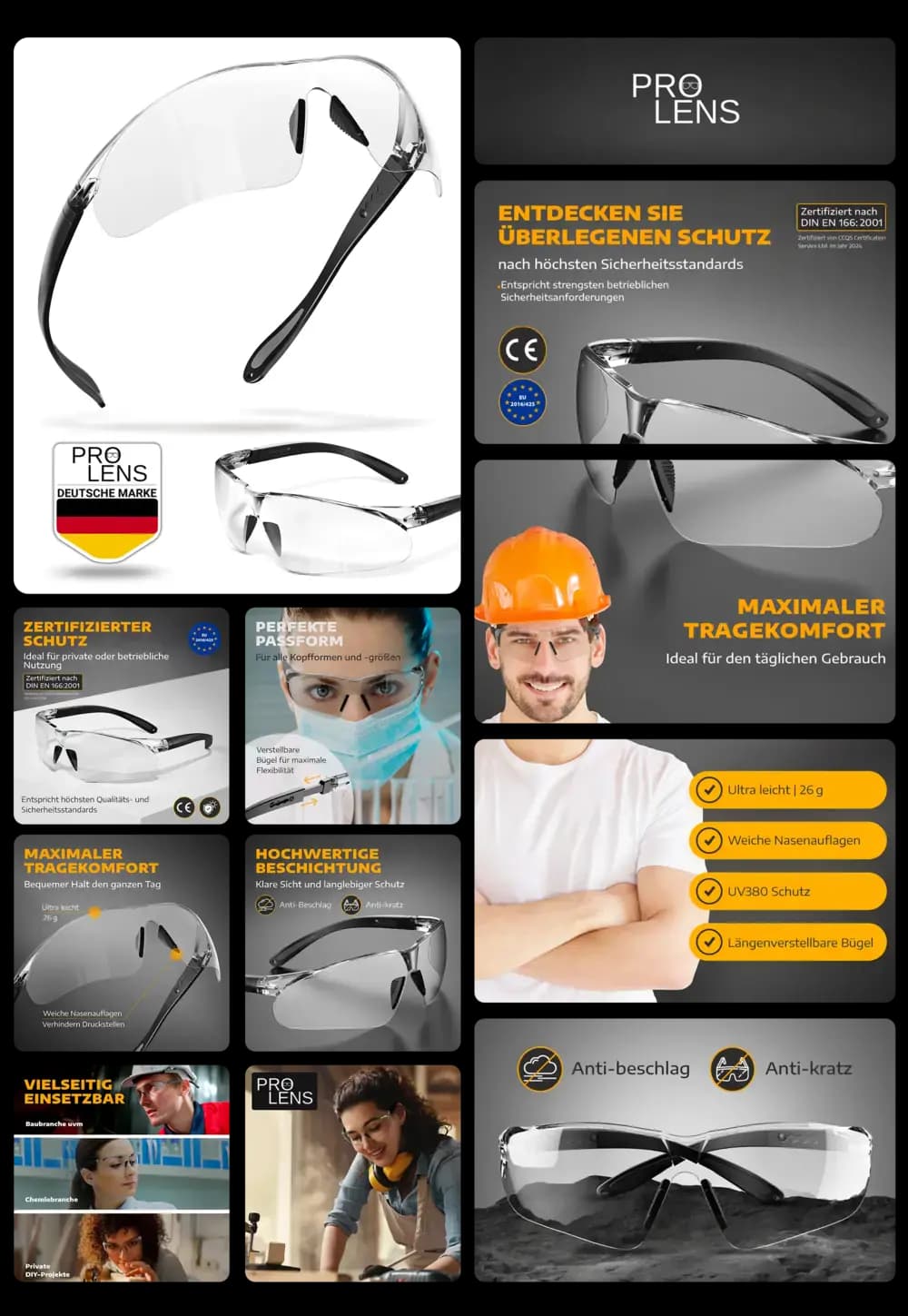 PRO LENS Schutzbrillen mit UV380 Schutz, Antibeschlag- und Antikratz-Beschichtung, zertifiziert nach DIN EN 166:2001, ideal für Arbeit und Heimwerker.