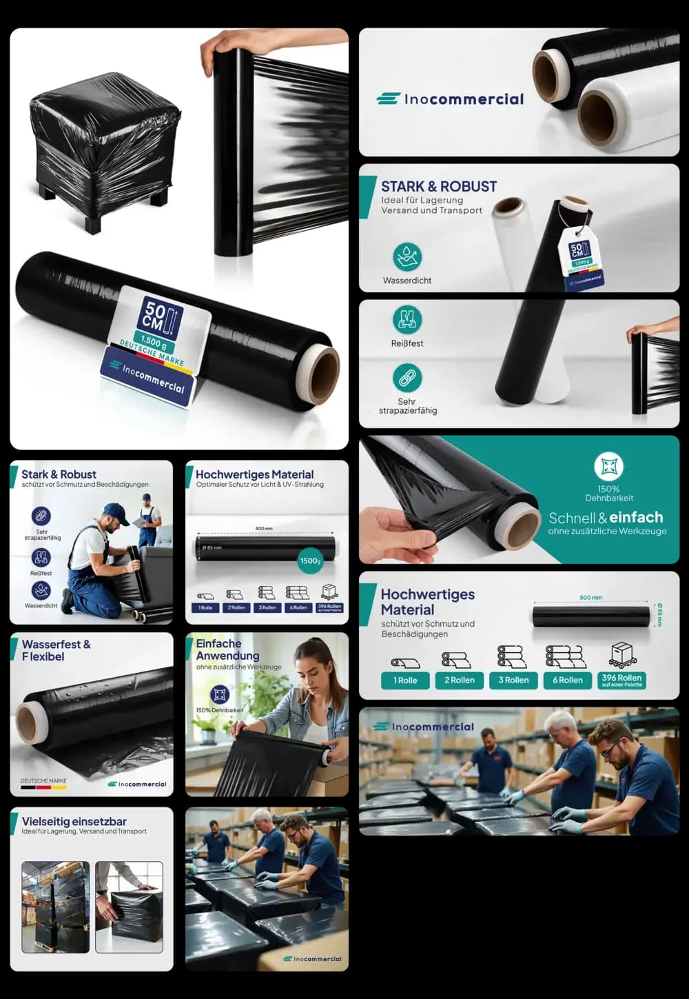 Rolle schwarze Stretchfolie der Marke "Inocommercial", gezeigt beim Einwickeln von Paletten und Möbeln, mit Details zur Reißfestigkeit und Wasserdichtigkeit