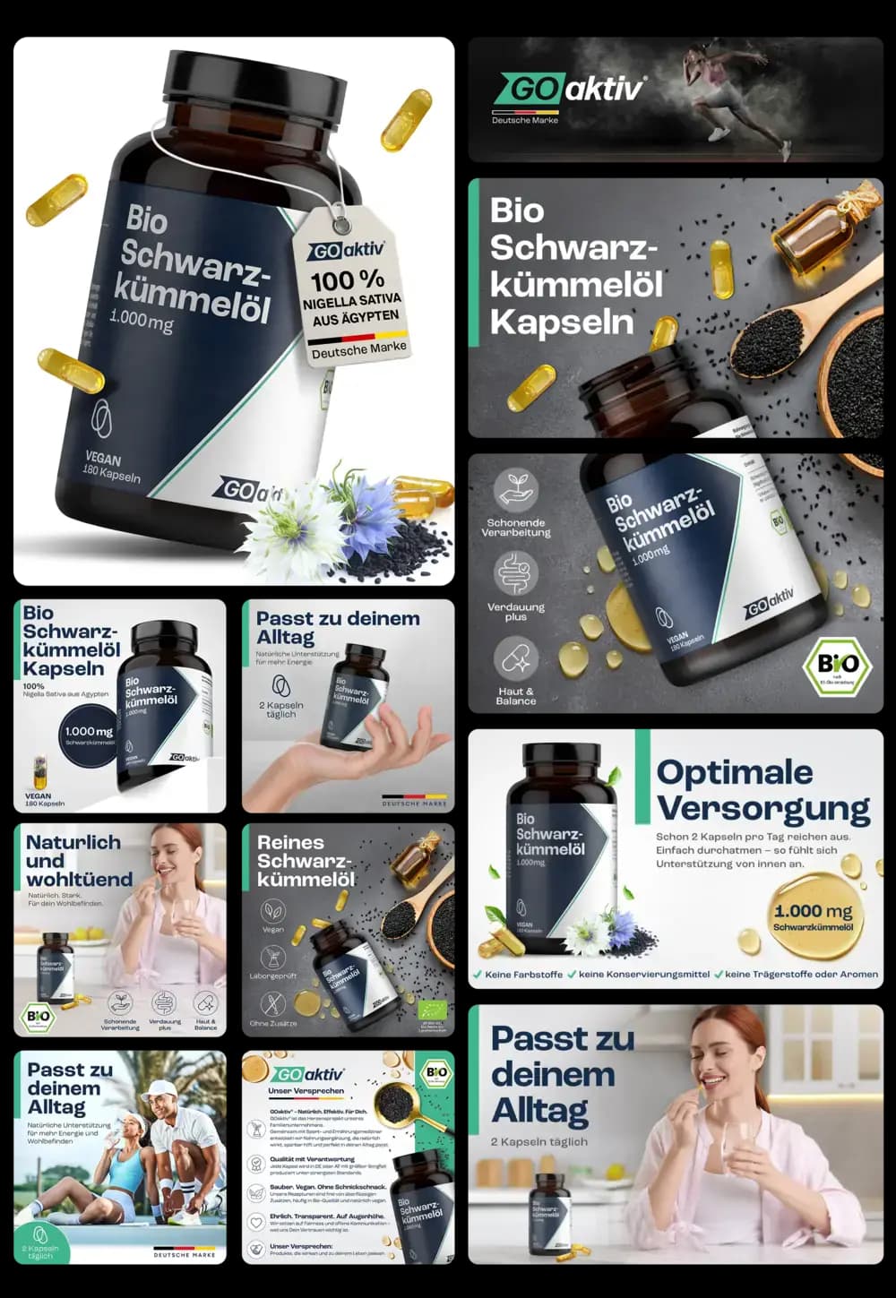 Braunes Glas mit veganen GO'AKTIV Bio-Schwarzkümmelöl-Kapseln (1.000 mg), beworben für die optimale Versorgung und als reines Schwarzkümmelöl aus Ägypten, zur Unterstützung von Verdauung und Haut