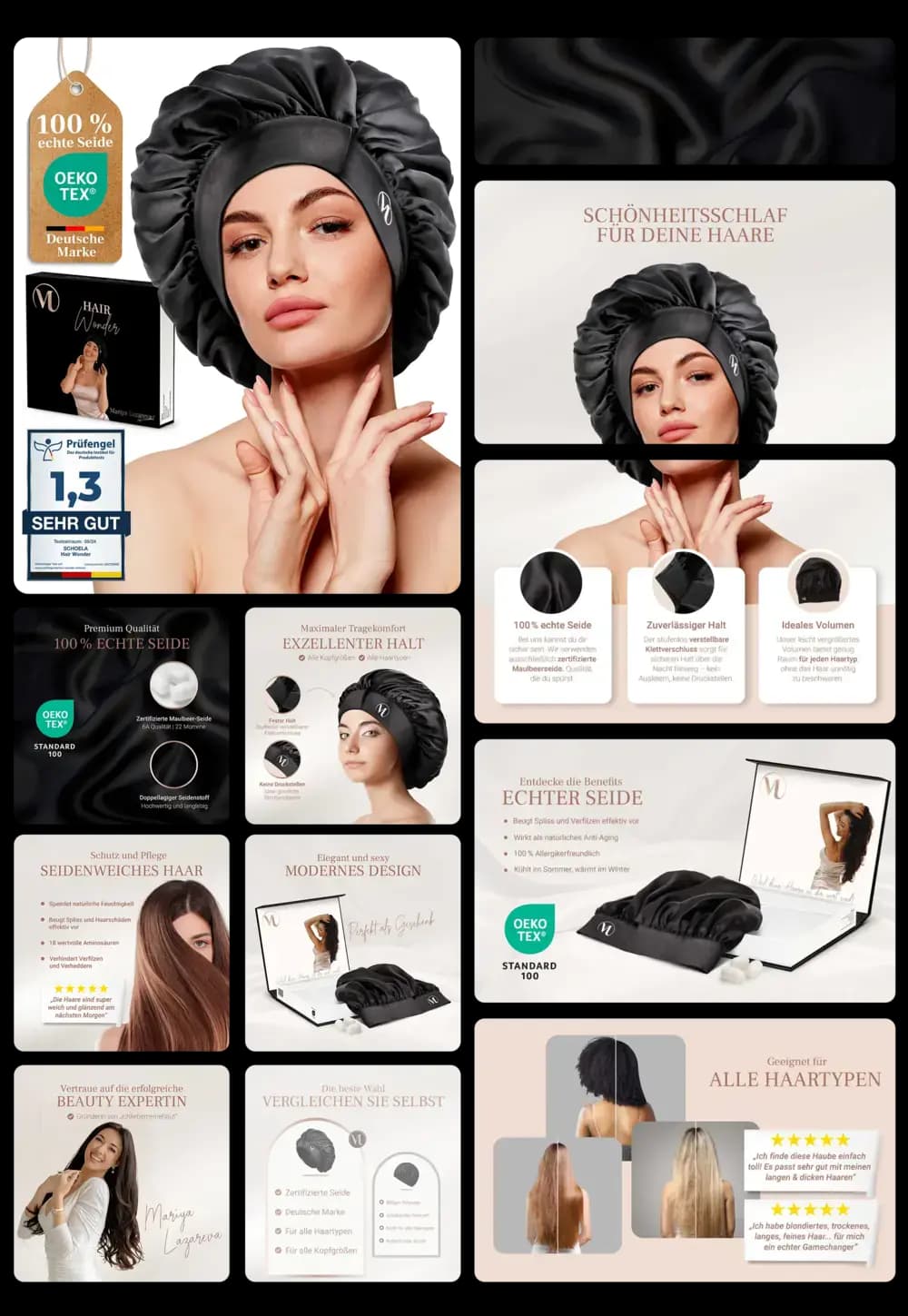M Hair Wear Seidenhaube aus 100% echter Seide, ideal für Schönheitsschlaf, schützt das Haar und sorgt für Glanz und Geschmeidigkeit.