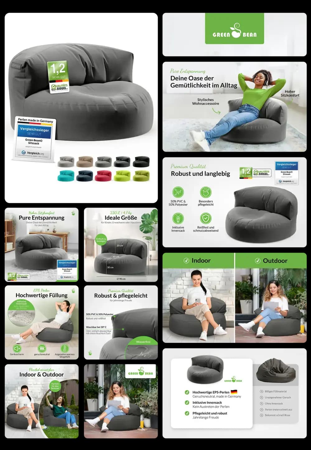 Sitzsack von Green Bean in grau, weiches und bequemes Sitzmöbel für den Innen- und Außenbereich