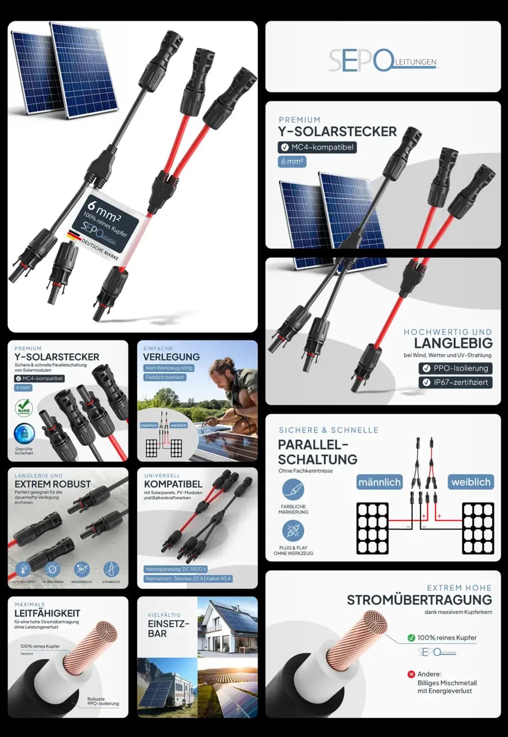 Schwarzes und rotes Solar Y-Kabel (6 mm², MC4-kompatibel) von SEP0-Leitungen, beworben für die sichere und schnelle Parallelschaltung von Solarmodulen mit extrem hoher Stromübertragung dank 100% reinem Kupfer und robuster, langlebiger Konstruktion (UV- und wetterbeständig)
