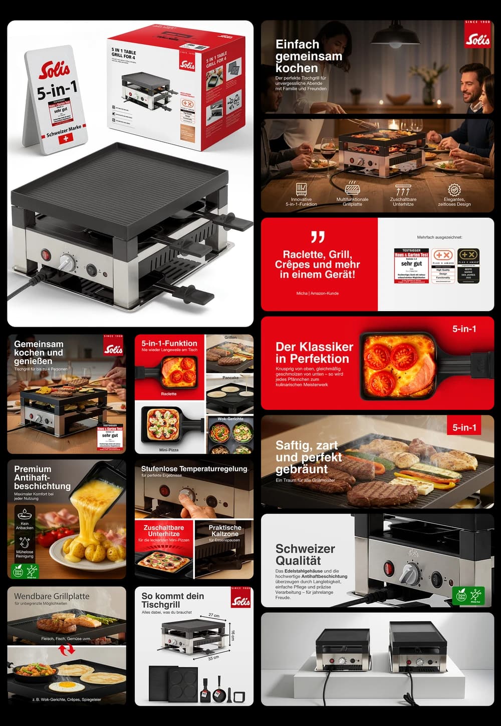 Solis 5-in-1 Tischgrill für 4 Personen – Multifunktionales Raclette-Gerät aus Edelstahl mit wendbarer Grillplatte für Crêpes, Mini-Pizzas und Wok-Gerichte, ideal für geselliges Kochen am Tisch.