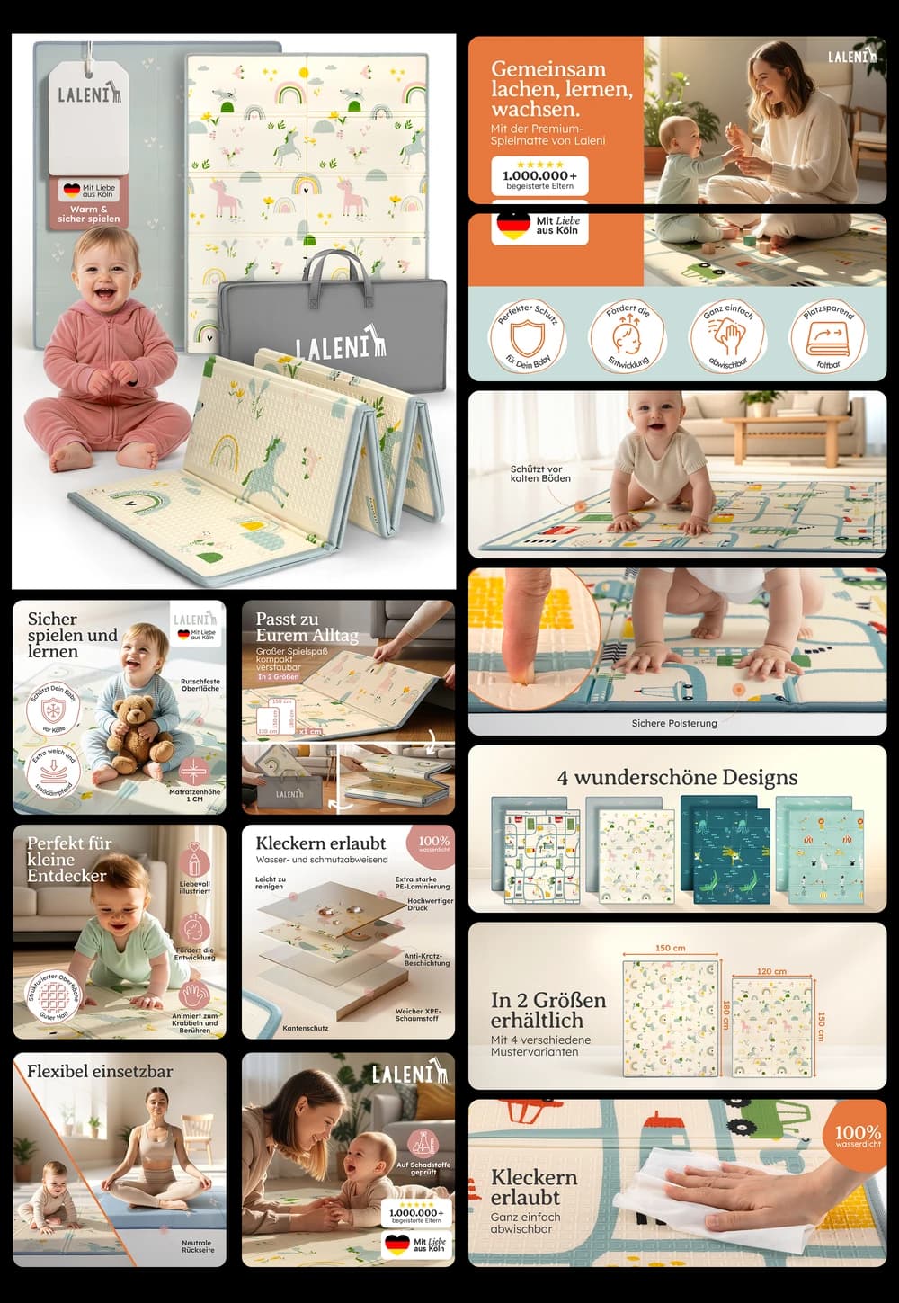 LALENI Spielmatte für Babys faltbar und wasserdicht – Große XPE Krabbelmatte, rutschfest und schadstoffgeprüft, beidseitig bedruckt mit Lernmotiven, ideal als wärmende Unterlage für drinnen und draußen.