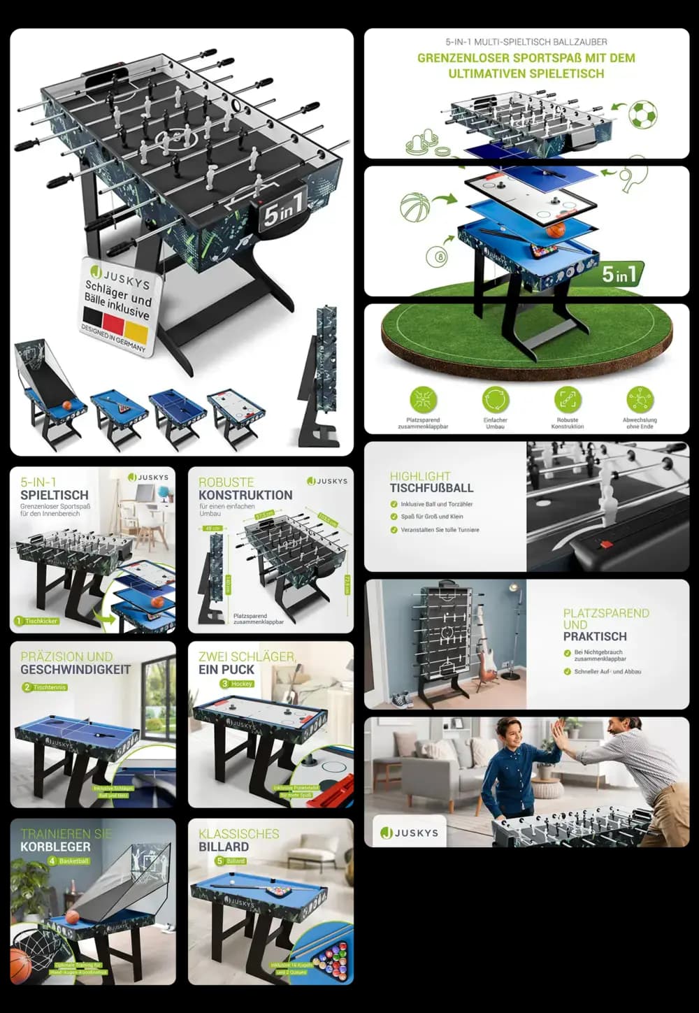 Bild eines 5-in-1-Multi-Spieltisches von Juskys namens "Ballzauber". Der Tisch lässt sich zusammenklappen und enthält fünf verschiedene Spiele: Tischfußball, Billard, Tischhockey, Tischtennis und ein Basketballspiel. Die Abbildungen zeigen die robuste Konstruktion, die Platzersparnis durch das Zusammenklappen und verschiedene Anwendungsbeispiele der Spiele.