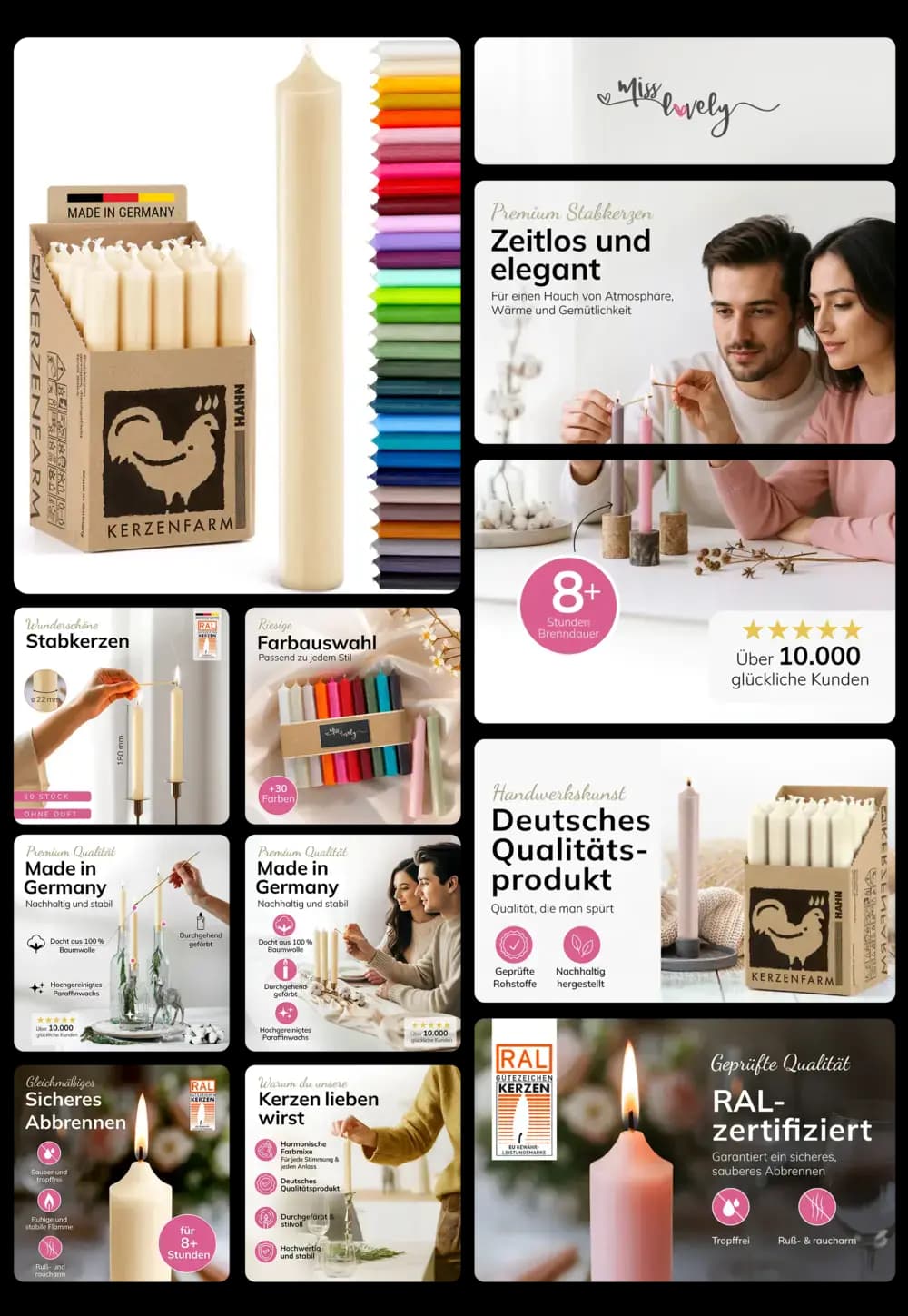 weiße und bunte Stabkerzen in verschiedenen Farben, in einer Verpackung und angezündet in einem Zuhause