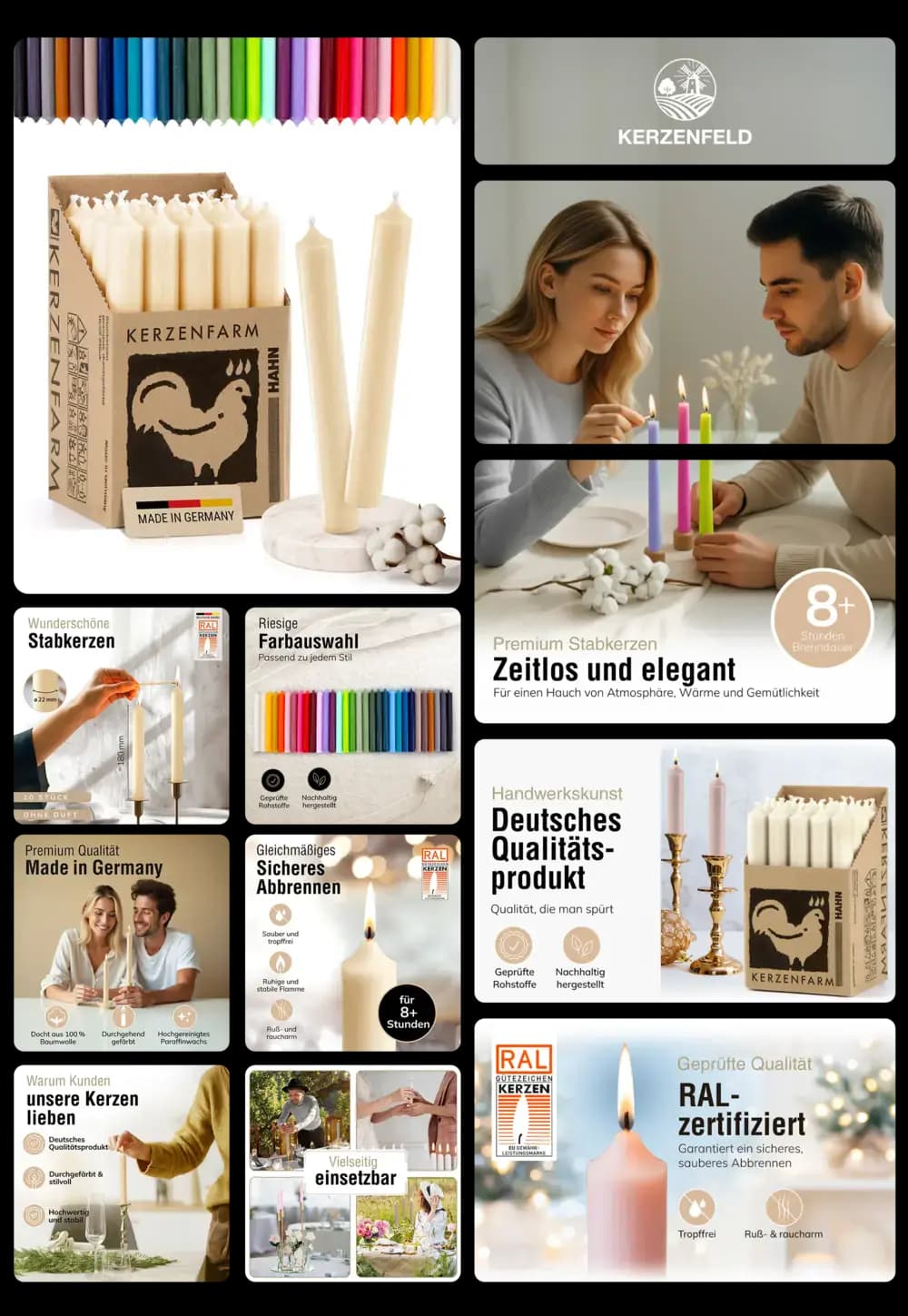 Mehrere weiße und farbige (z.B. Pink, Lila, Grün) KERZENFELD Premium Stabkerzen, beworben als RAL-zertifiziertes, Deutsches Qualitätsprodukt mit 8+ Stunden Brenndauer, das garantiert tropffrei, ruß- und raucharm für zeitlose Eleganz sorgt