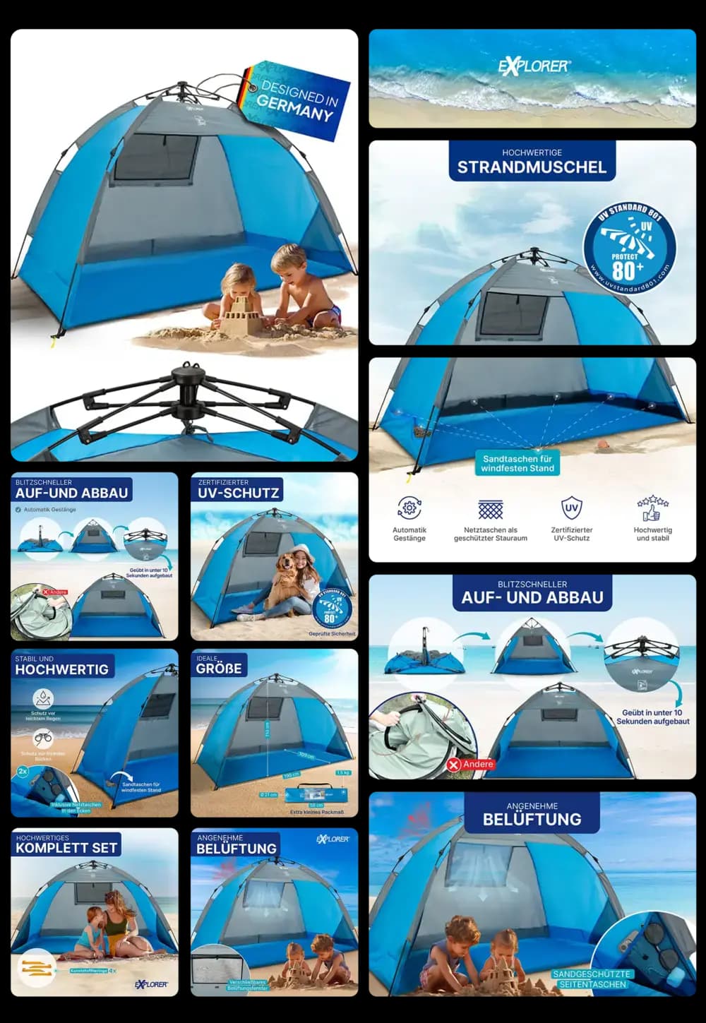 Bild einer blauen und grauen Strandmuschel, die zum Schutz vor Sonne und Wind am Strand dient. Die Abbildungen zeigen das Produkt im Gebrauch, heben seine Merkmale wie den UV-Schutz (UPF 80+), die automatische Blitzaufstellung und den einfachen Auf- und Abbau hervor. Es ist zu sehen, wie die Strandmuschel den Nutzern, inklusive zweier Kinder, einen geschützten Platz bietet.