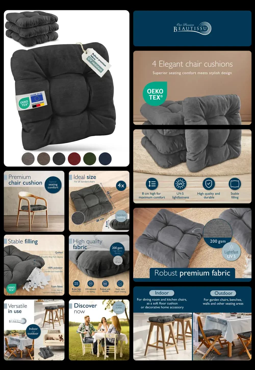 Beautissu Stuhlkissen in elegantem Design und Premium-Qualität, 4er-Set, aus robustem, lichtechtem Stoff für hohen Sitzkomfort indoor und outdoor.