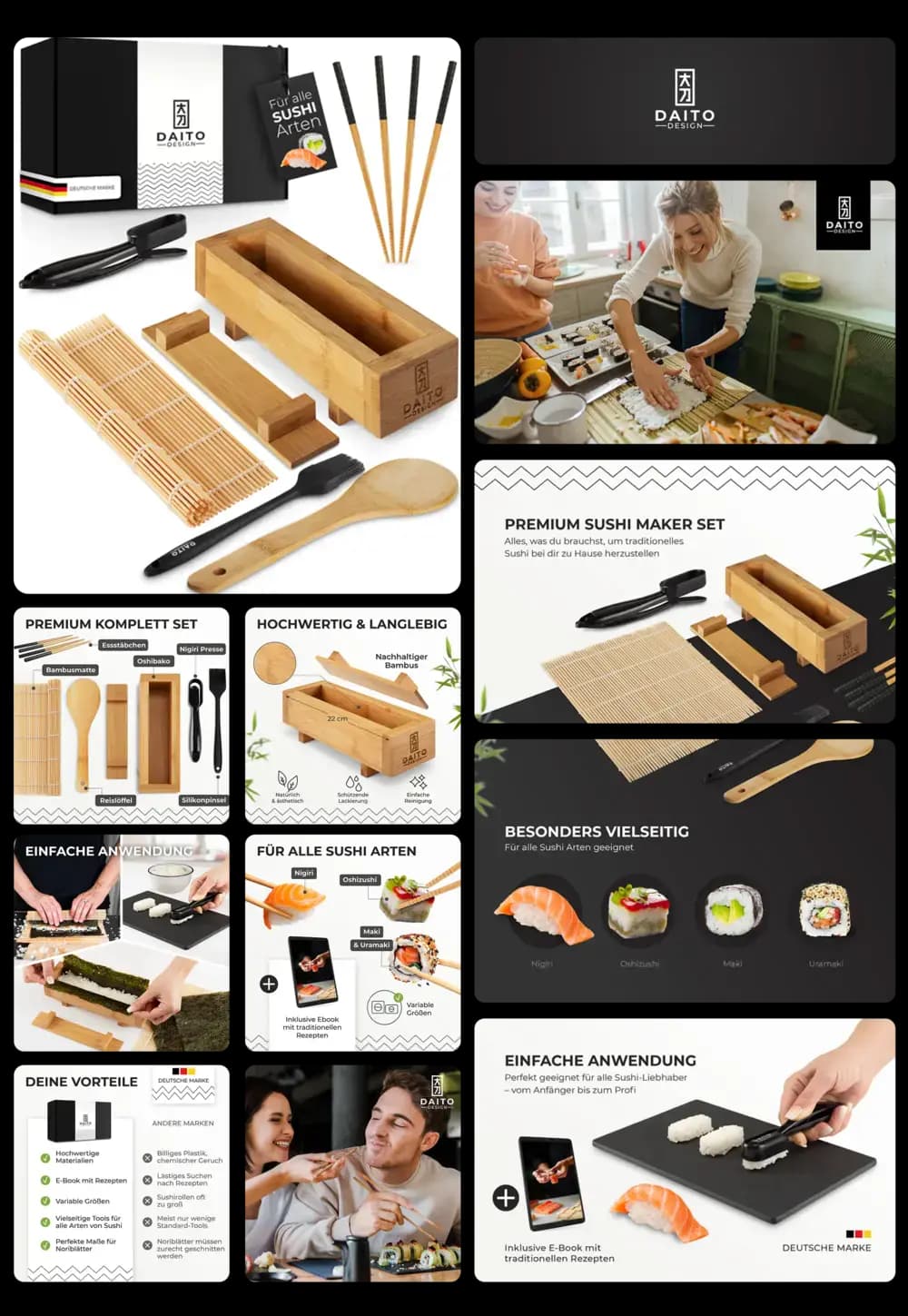Bild eines Premium Sushi-Sets aus Bambus und anderen Utensilien zum Selbermachen von Sushi. Das Set enthält eine Sushi-Matte, Stäbchen und einen Reisformer. Die Abbildungen zeigen die einzelnen Teile, wie das Set verwendet wird, um verschiedene Sushi-Arten zu Hause zuzubereiten, und betont die einfache Handhabung für Anfänger und Sushi-Liebhaber.