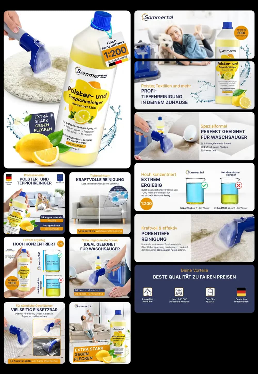 Bild eines Flaschenetiketts für Polster- und Teppichreiniger Konzentrat der Marke Sommertal mit Zitronenduft. Die Abbildungen zeigen die Anwendung des Produkts auf Polstern und Teppichen, die hohe Konzentration von 1:200 und die Wirksamkeit bei der Fleckenentfernung. Es wird betont, dass das Mittel für Waschsauger geeignet ist und eine kraftvolle, porentiefe Reinigung bietet.