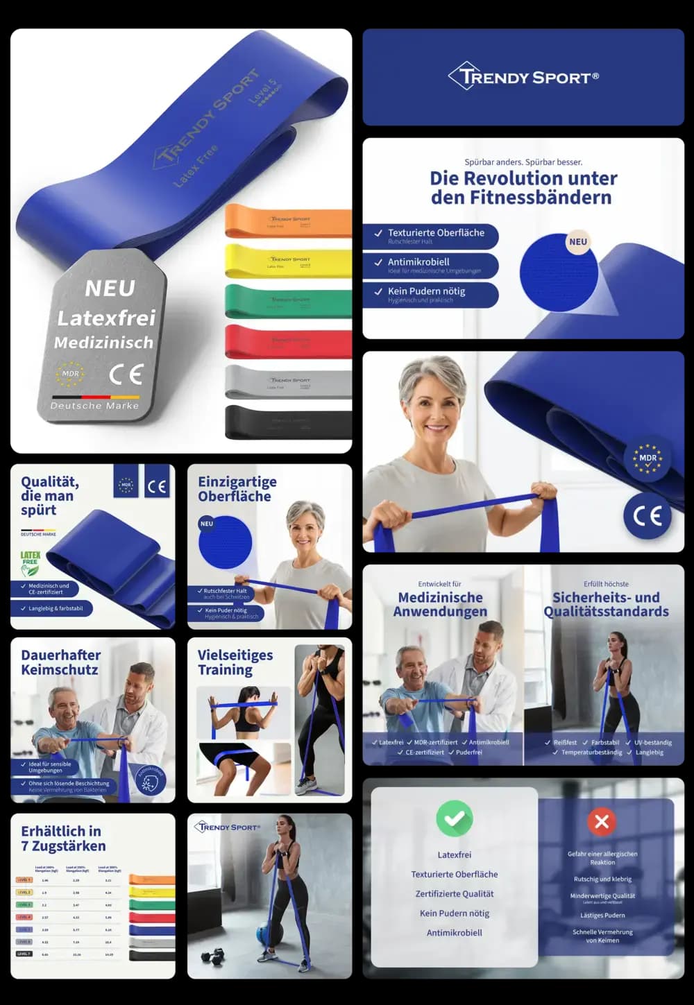 Mehrere latexfreie, medizinisch zertifizierte Terrabänder von TRENDY SPORT in Blau, Orange, Gelb, Grün, Rot, Grau und Schwarz, beworben als Trainingsbänder mit texturierter, antimikrobieller Oberfläche für vielseitiges und sicheres Fitness- und Reha-Training