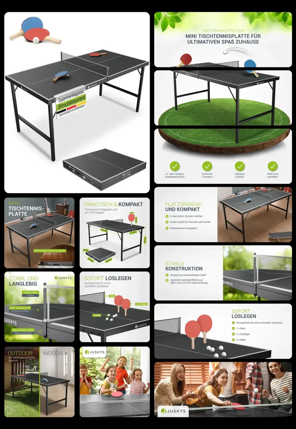 Juskys Mini Tischtennisplatte, klappbar und kompakt, ideal für Indoor- und Outdoor-Spaß, inklusive Netz, Schläger und Bälle.