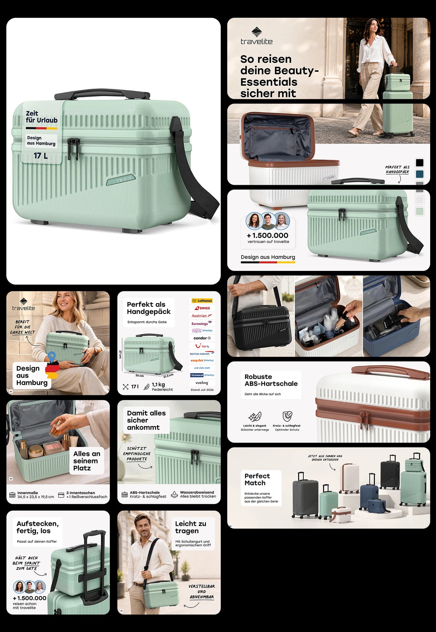 travelite BALI Beautycase robuste ABS Hartschale Kulturtasche mit Schultergurt und Koffer Aufsteckfunktion für Kosmetik auf Reisen