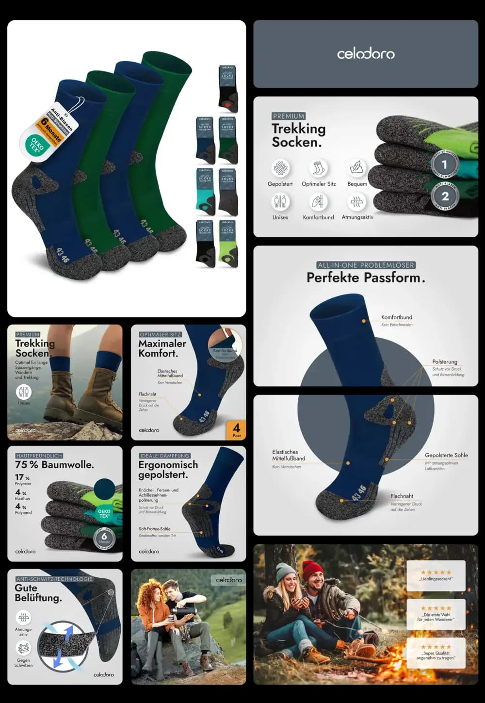 Celadoro Premium Trekking Socken im 4er Pack, gepolstert für maximalen Komfort und Blasenreduktion, ideal für Wanderungen und Outdoor-Aktivitäten.