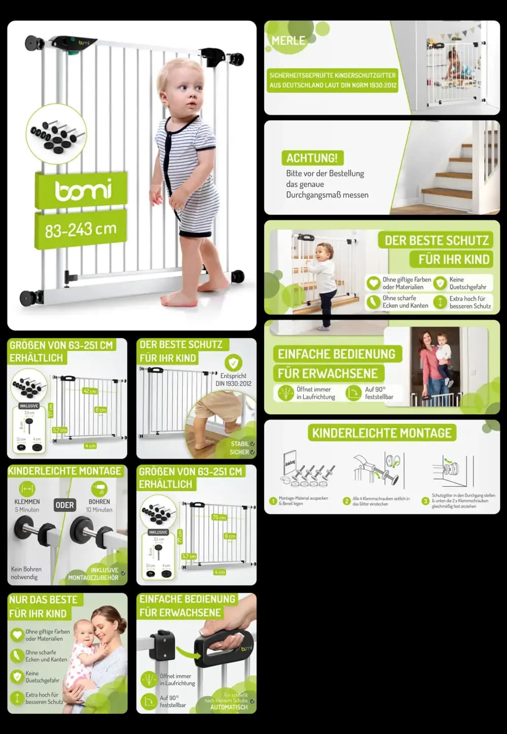 Bild eines weißen Treppenschutzgitters der Marke "tomi", das zur Sicherung von Treppen und Türen für Babys und Kleinkinder dient. Die Abbildungen zeigen das Produkt, seine Maße und die einfache, werkzeuglose Klemm-Montage. Ein Kind und eine Frau mit einem Baby demonstrieren die Anwendung des Gitters, um ein sicheres Zuhause zu schaffen.