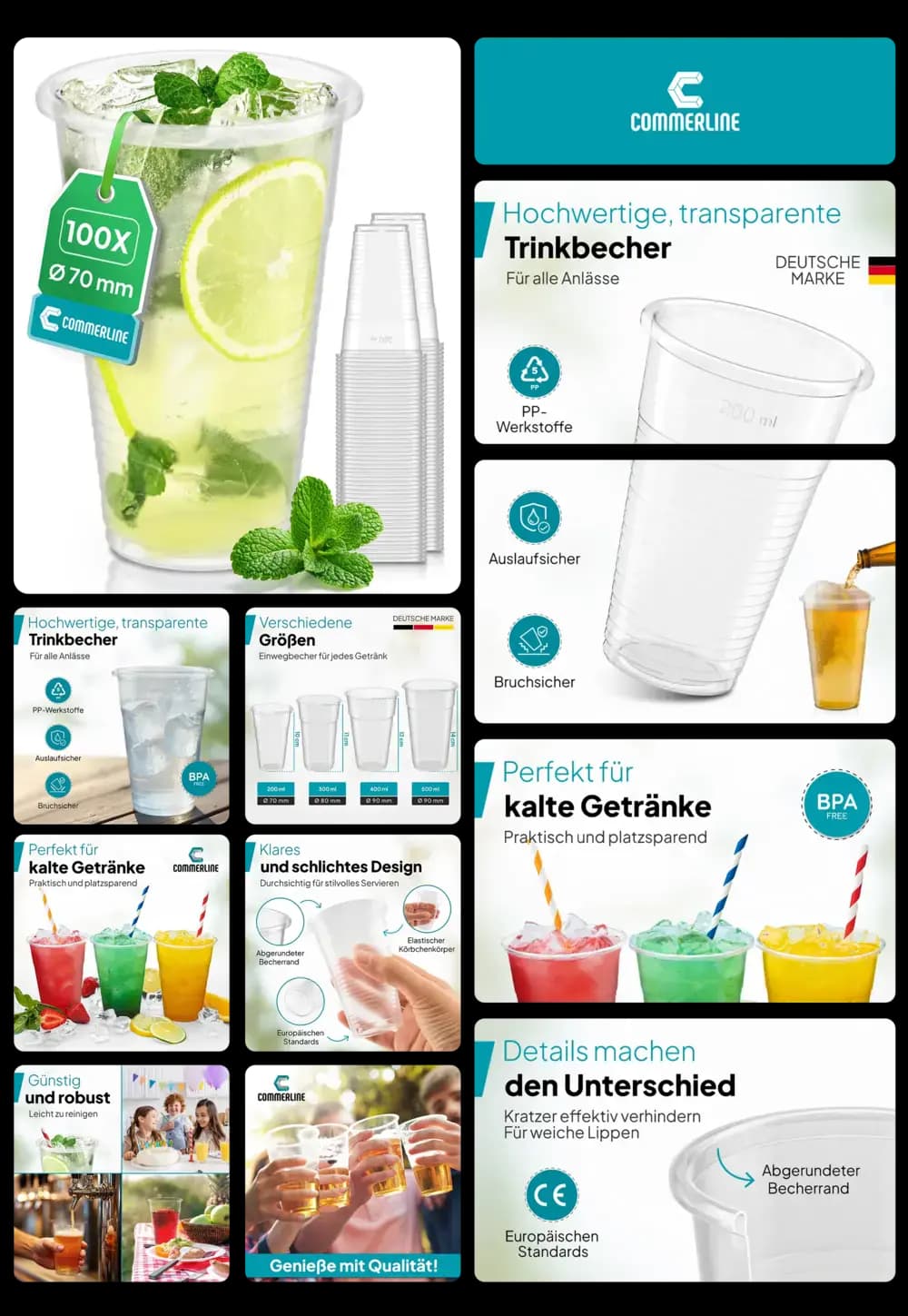 Bild von hochwertigen, transparenten Plastik-Trinkbechern. Die Abbildungen zeigen die Becher, die aus PP-Kunststoff gefertigt und bruchsicher sind, in verschiedenen Größen und mit unterschiedlichen Getränken, darunter Cocktails und Softdrinks, um ihre Vielseitigkeit für alle Anlässe zu demonstrieren. Details wie der abgerundete Becherrand und die kratzfreie Oberfläche werden hervorgehoben.