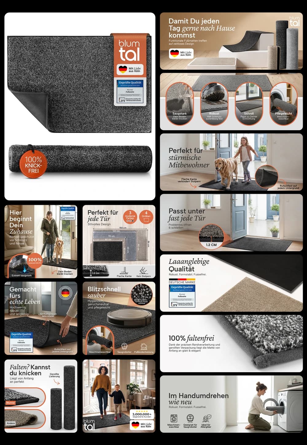 Blumtal Fußmatte rutschfest und waschbar – Saugstarke Schmutzfangmatte für den Innenbereich und Eingangsbereich, 100% knickfrei, ideal für Haustiere und Saugroboter geeignet.