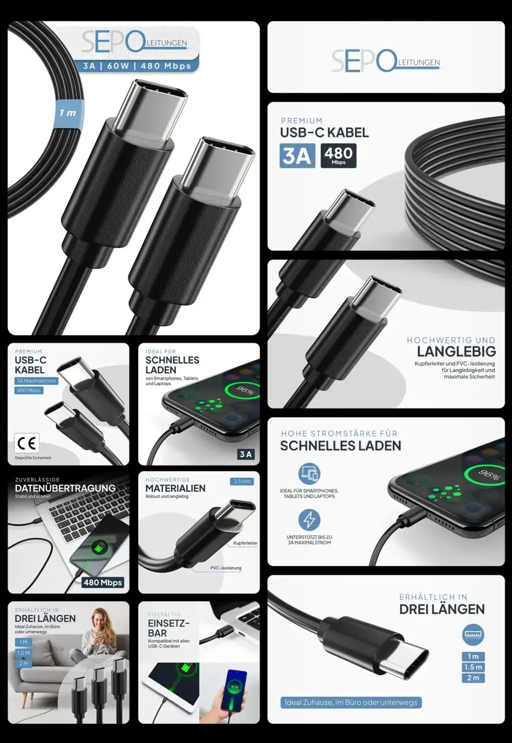 schwarzes USB-C auf USB-C-Kabel in Nahaufnahme, gezeigt in verschiedenen Längen und in Gebrauch zum Laden von Smartphones und Tablets