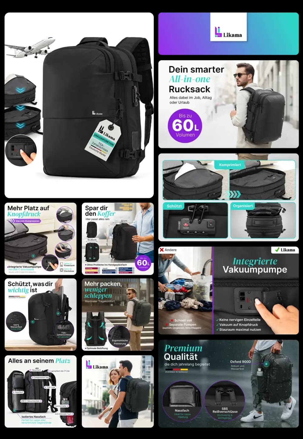 Schwarzer Likama All-in-One Rucksack (bis zu 60L) mit integrierter Vakuumpumpe zur Komprimierung von Kleidung, beworben als smarter, platzsparender und Premium-Reiserucksack für Flugreisen, Alltag und Urlaub