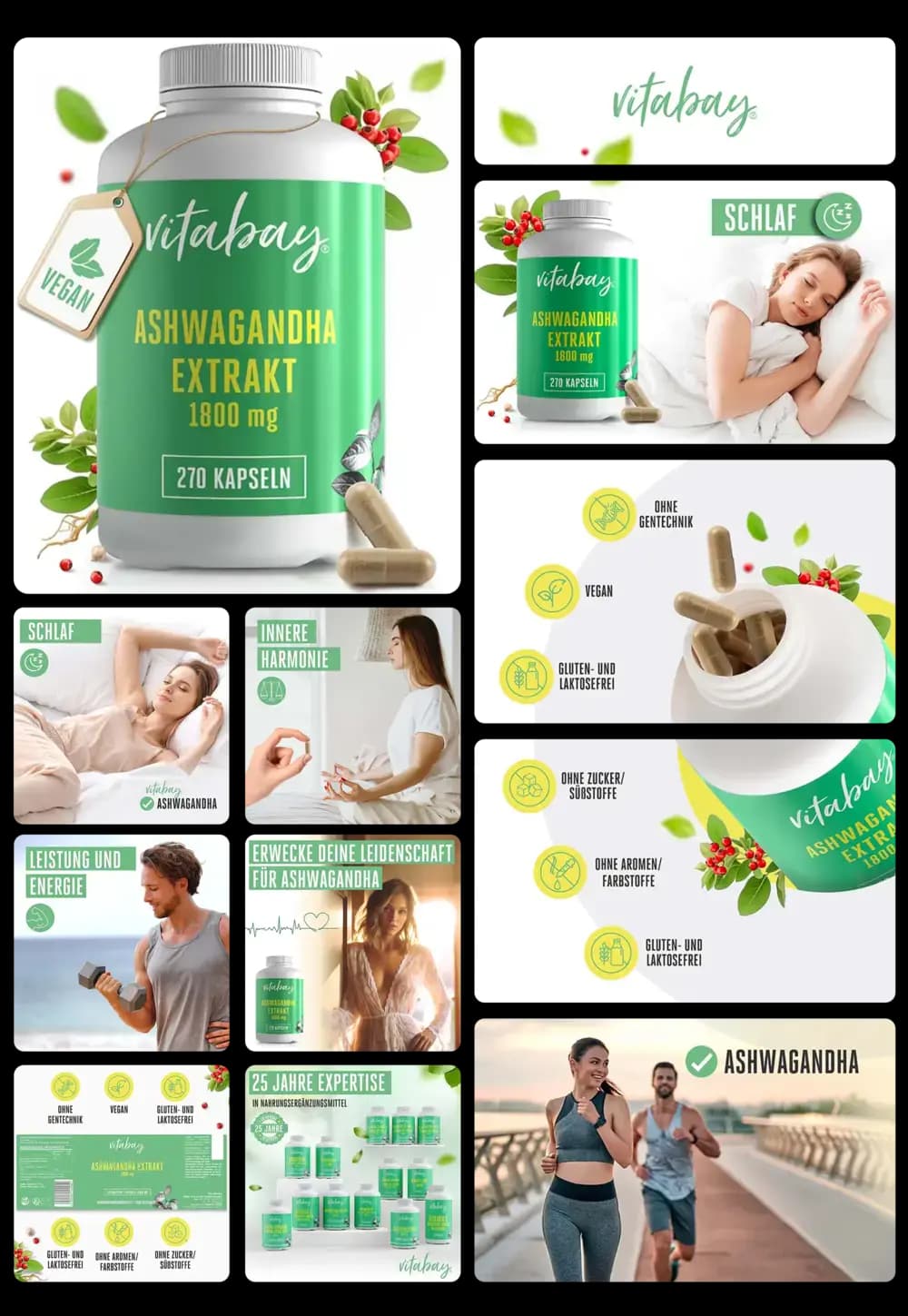 vitabay Ashwagandha Extrakt Kapseln, 1800mg, vegan und glutenfrei, mit Hinweisen auf Schlaf, innere Harmonie, Leistung und Energie.