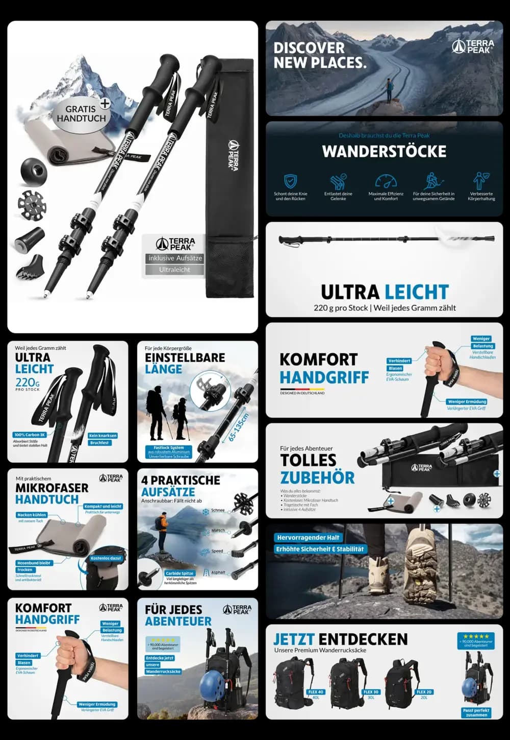 Terra Peak Wanderstöcke aus ultraleichtem Aluminium, höhenverstellbar mit komfortablen Griffen und praktischen Aufsätzen, inklusive Handtuch und Tasche.