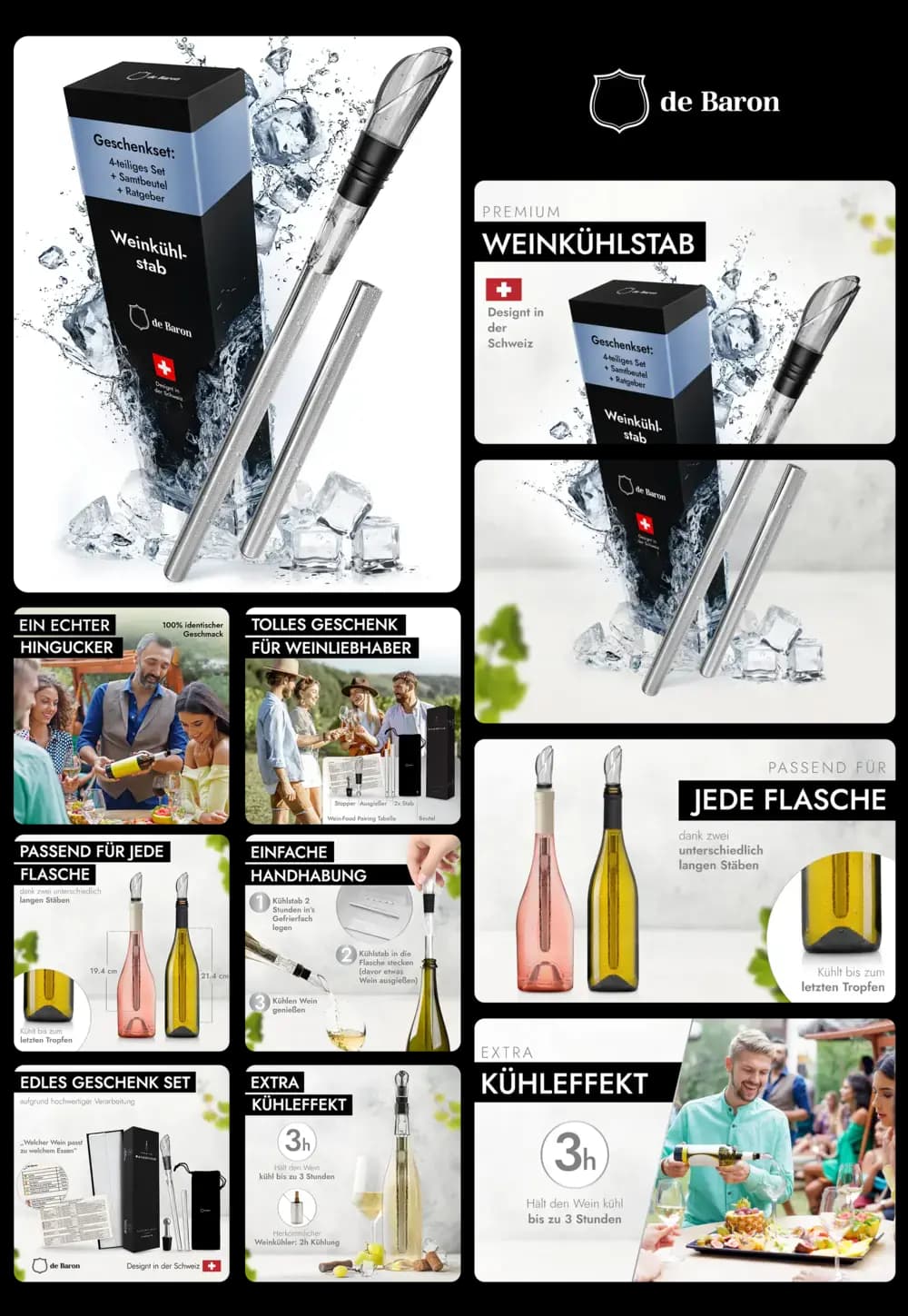 de Baron Weinkühlerstab aus Edelstahl, im 2er-Set mit Belüfter und Ausgießer, kühlt Wein für bis zu 3 Stunden und passt in jede Flasche.