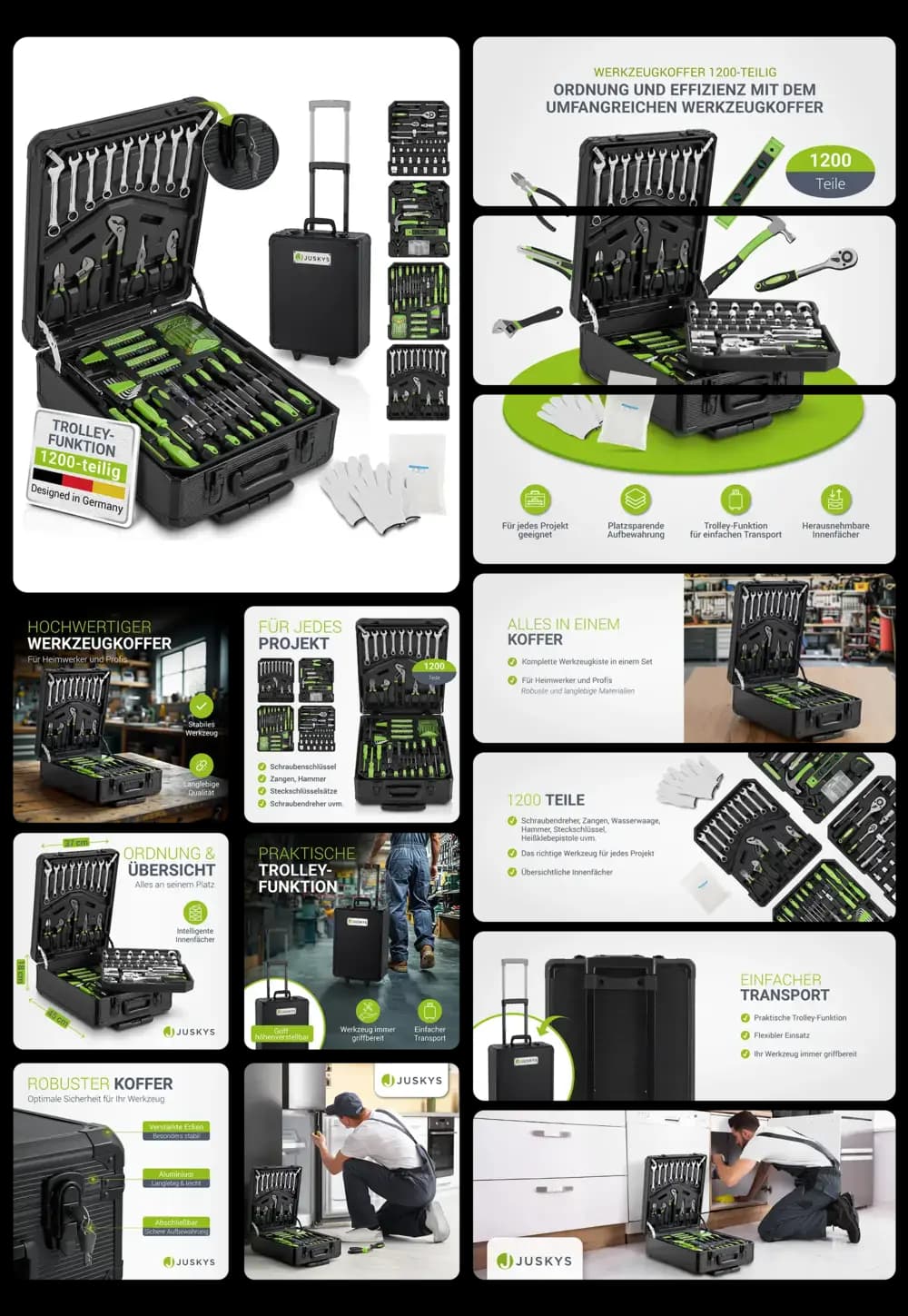 JUSKYS Werkzeugkoffer 1200-teilig mit Trolley-Funktion, robust und organisiert, ideal für jeden Handwerker und jedes Projekt.