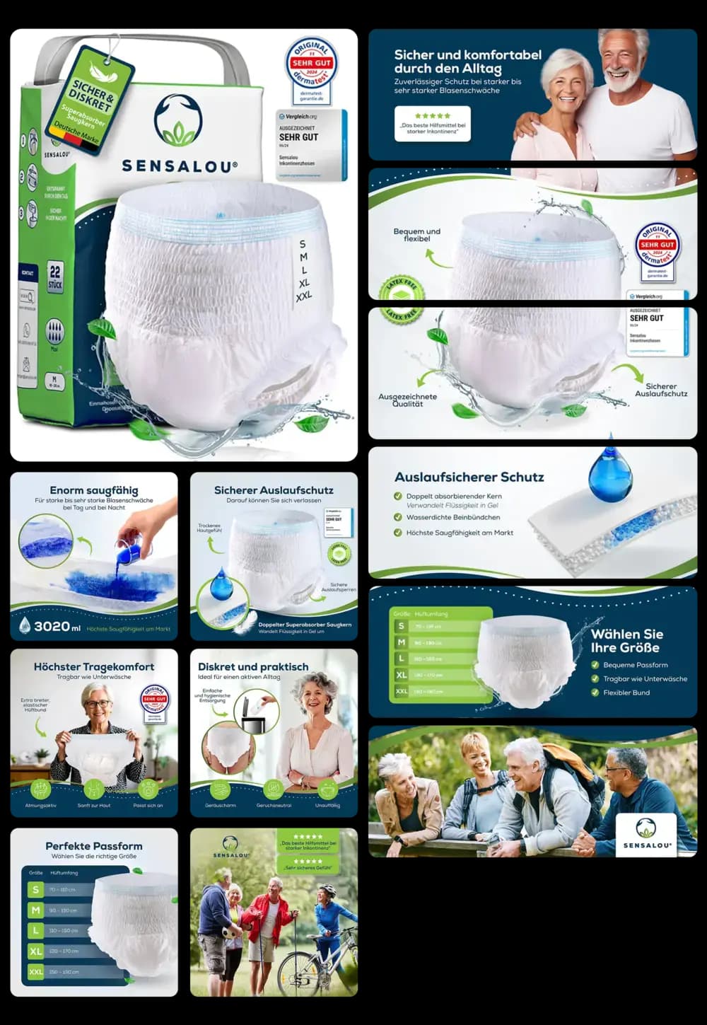 Bild eines Pakets mit Windel-Pants für Erwachsene der Marke Sensalou. Die Abbildungen zeigen das Produkt, das eine sichere und diskrete Lösung bei Inkontinenz darstellt. Es werden Merkmale wie die hohe Saugfähigkeit, der sichere Auslaufschutz, der Tragekomfort und die verschiedenen erhältlichen Größen hervorgehoben. Senioren in alltäglichen Situationen demonstrieren die Anwendungsbereiche des Produkts.