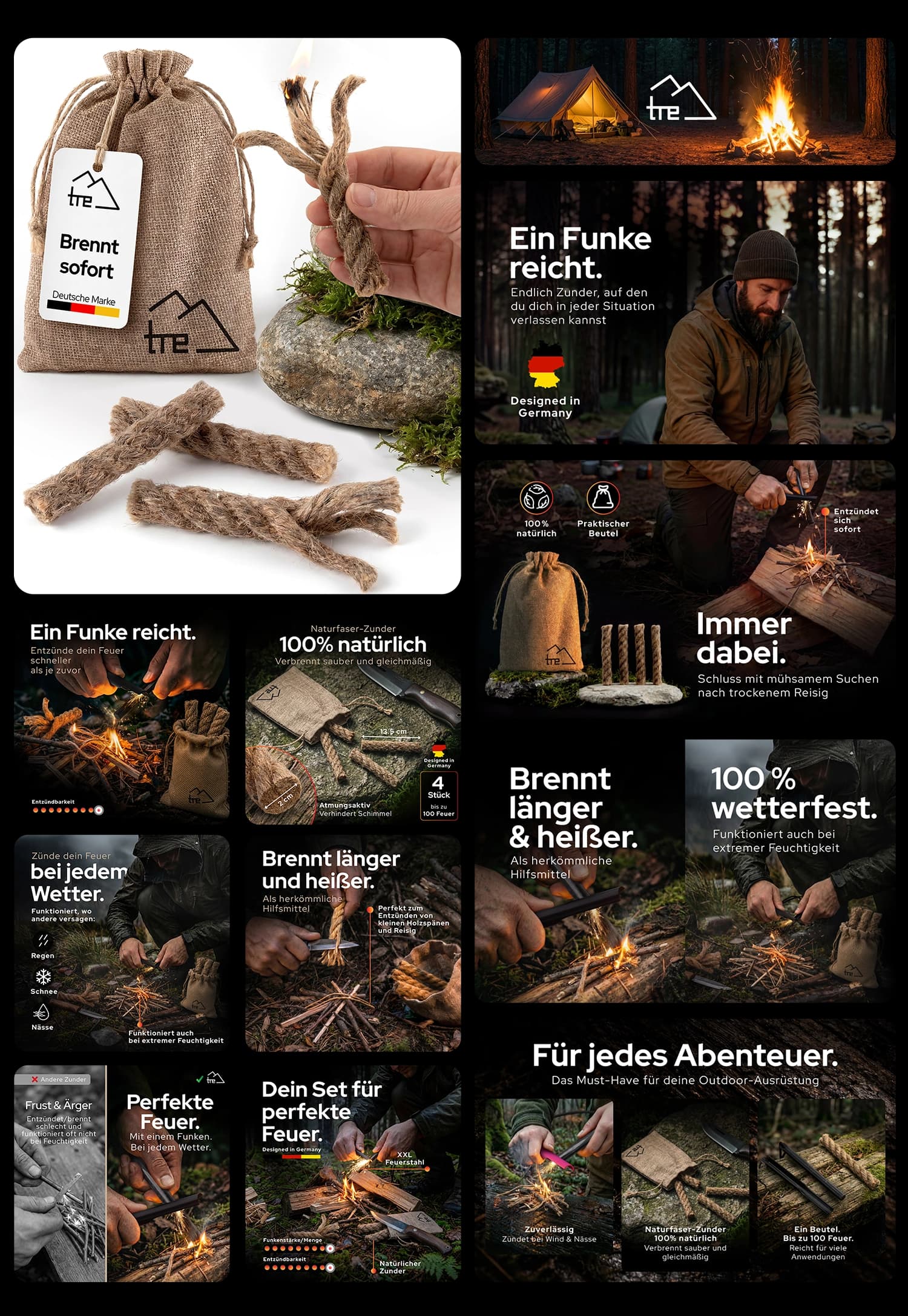 tre Zunderbeutel mit natürlicher Zunderschnur aus Naturfaser für Feuerstahl Camping und Outdoor Survival